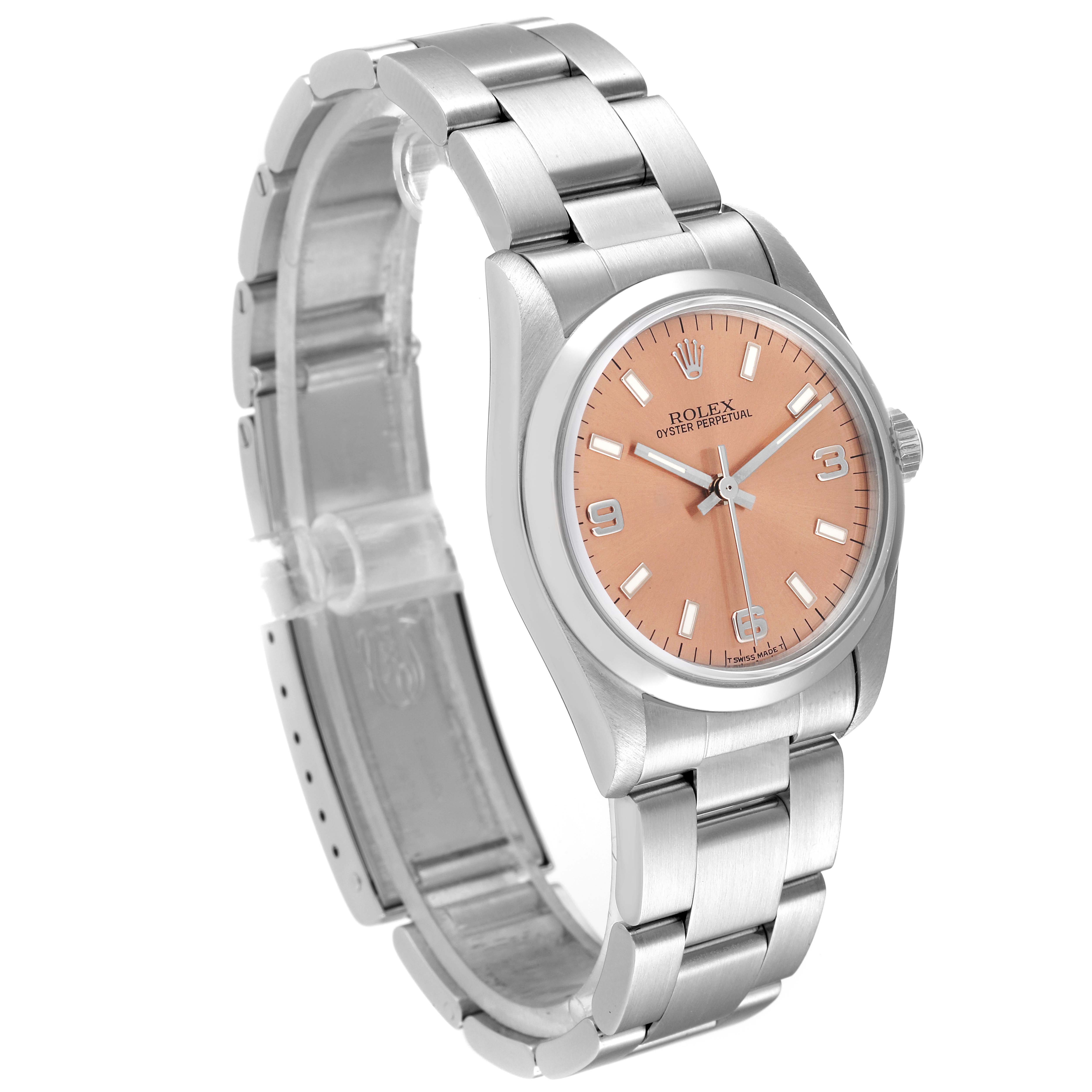 The mid-size Rolex watch is angled to show the clasp, bracelet, case, and dial with its face prominently visible.