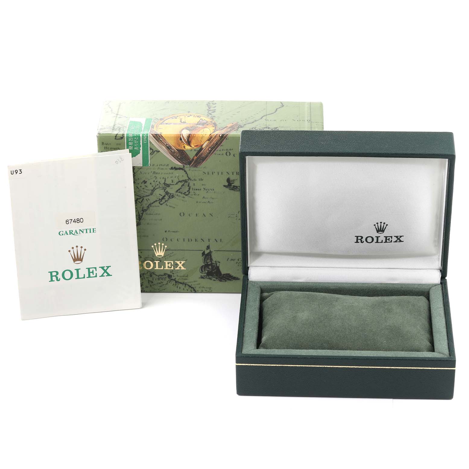 The image shows the packaging, warranty booklet, and empty box for a Rolex Mid-Size 67480 Women's Stainless Steel Pink Dial 67480 Women's Stainless Steel Pink Dial model watch.