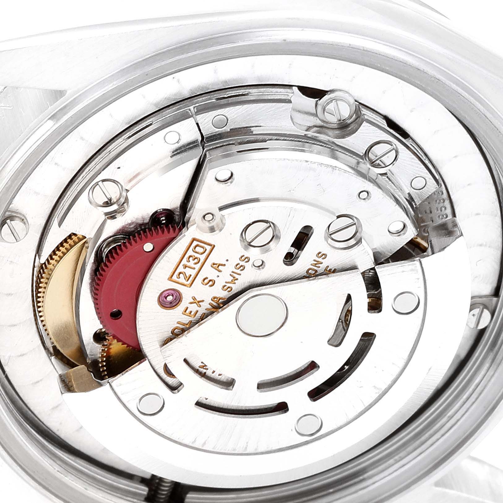 The image shows the inner mechanical components of a Rolex Mid-Size 67480 Women's Stainless Steel Pink Dial 67480 Women's Stainless Steel Pink Dial model watch from the back angle.