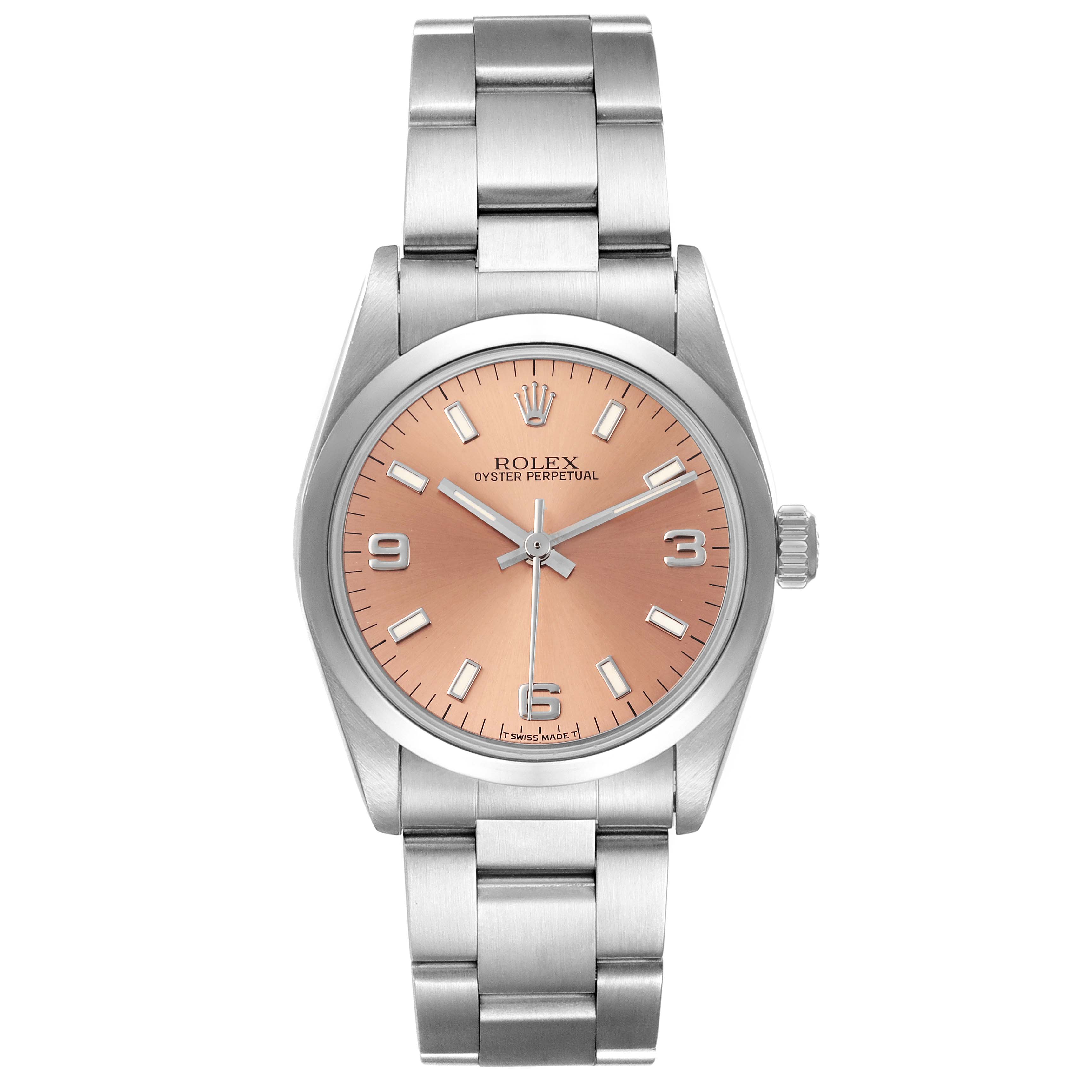 The image shows a front view of a Rolex Oyster Perpetual Mid-Size watch, highlighting its dial, case, and bracelet.
