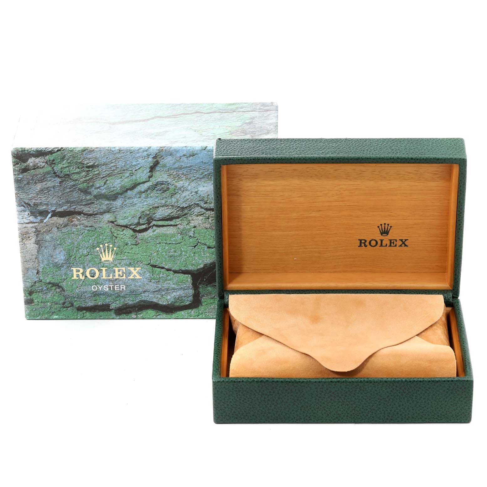 This image shows the packaging for a Mid-Size Rolex watch, including an opened green textured box with a suede cover inside.