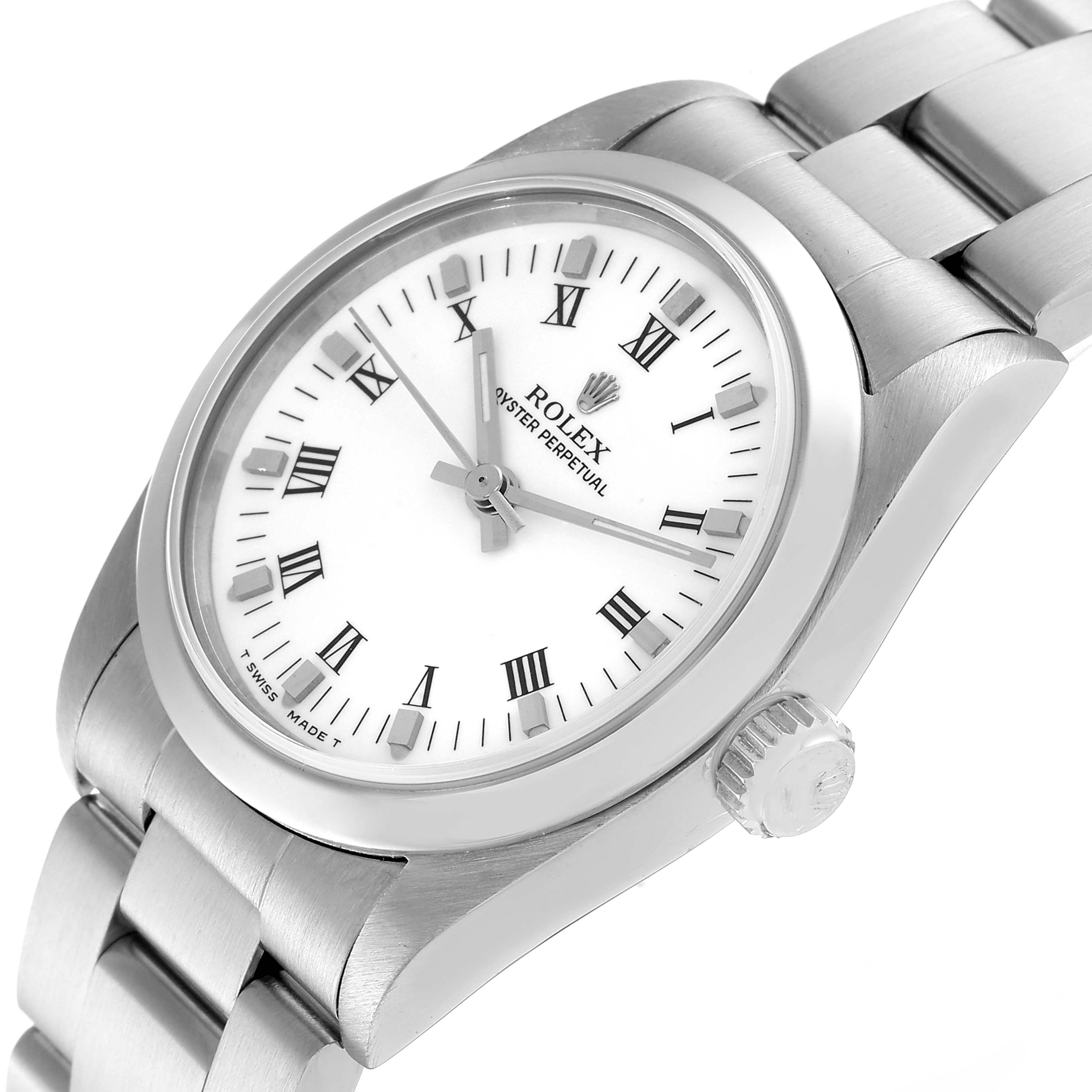 The Rolex Mid-Size 67480 Women
s Stainless Steel White Dial 67480 Women
s Stainless Steel White Dial model watch is shown from an angled top view, displaying the dial, hands, bezel, crown, and part of the bracelet.