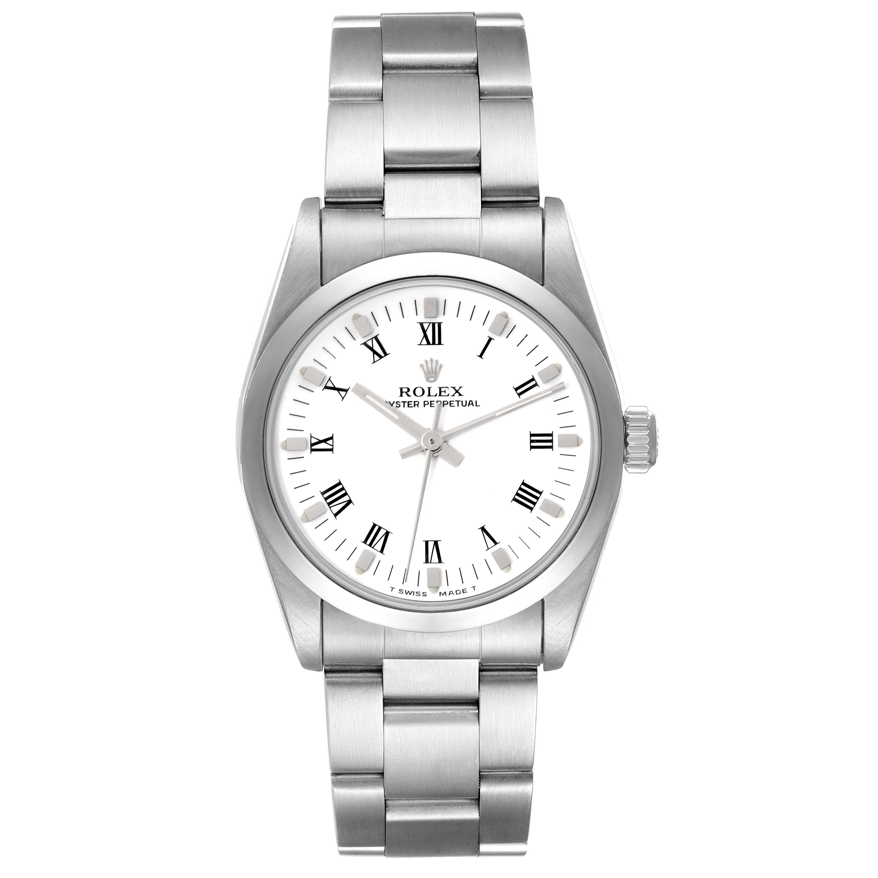 The image shows a front view of a Mid-Size Rolex Oyster Perpetual watch, displaying its dial, bezel, and bracelet.