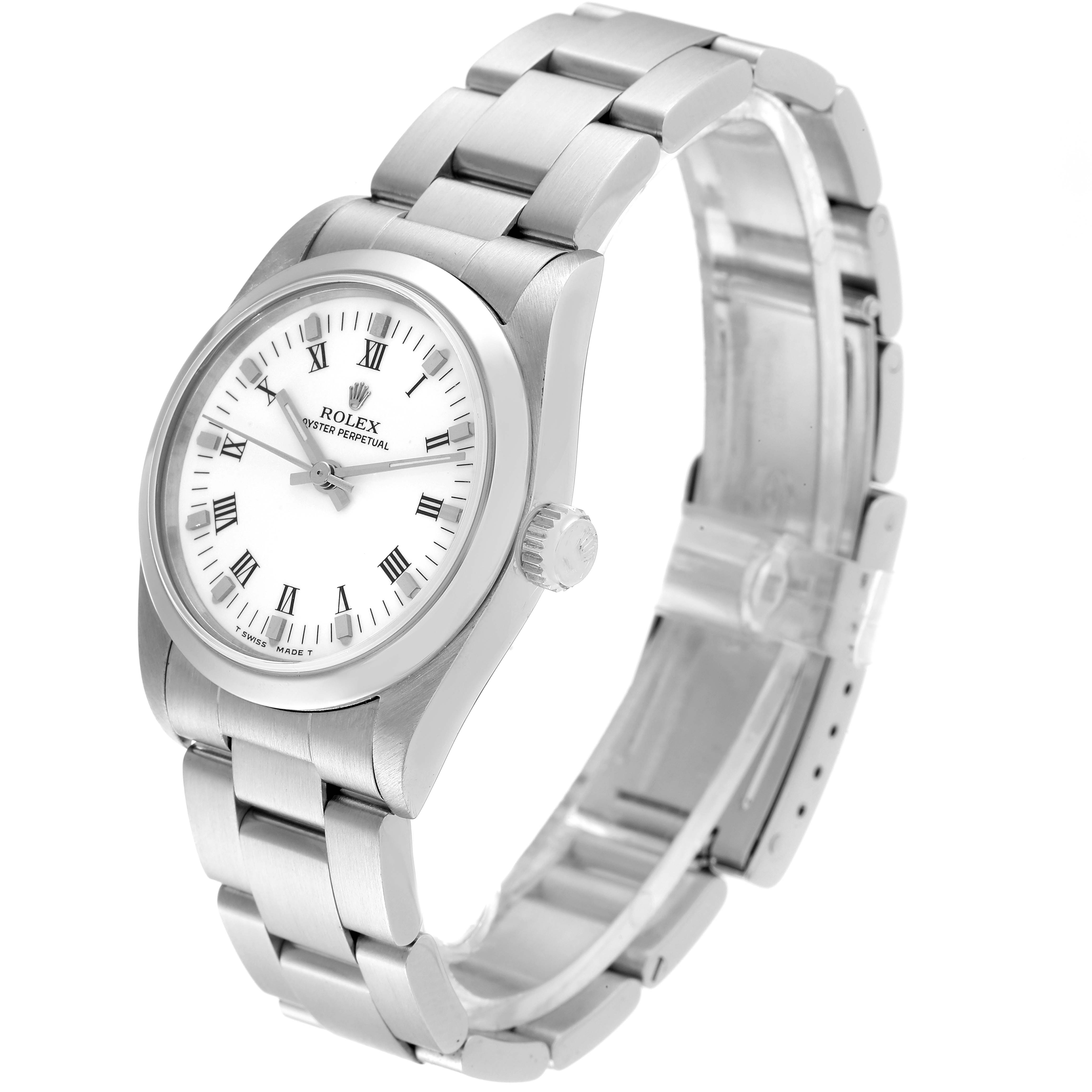 The Rolex Mid-Size 67480 Women
s Stainless Steel White Dial 67480 Women
s Stainless Steel White Dial model watch is shown from an angled above view, highlighting the face, bezel, bracelet, and crown.