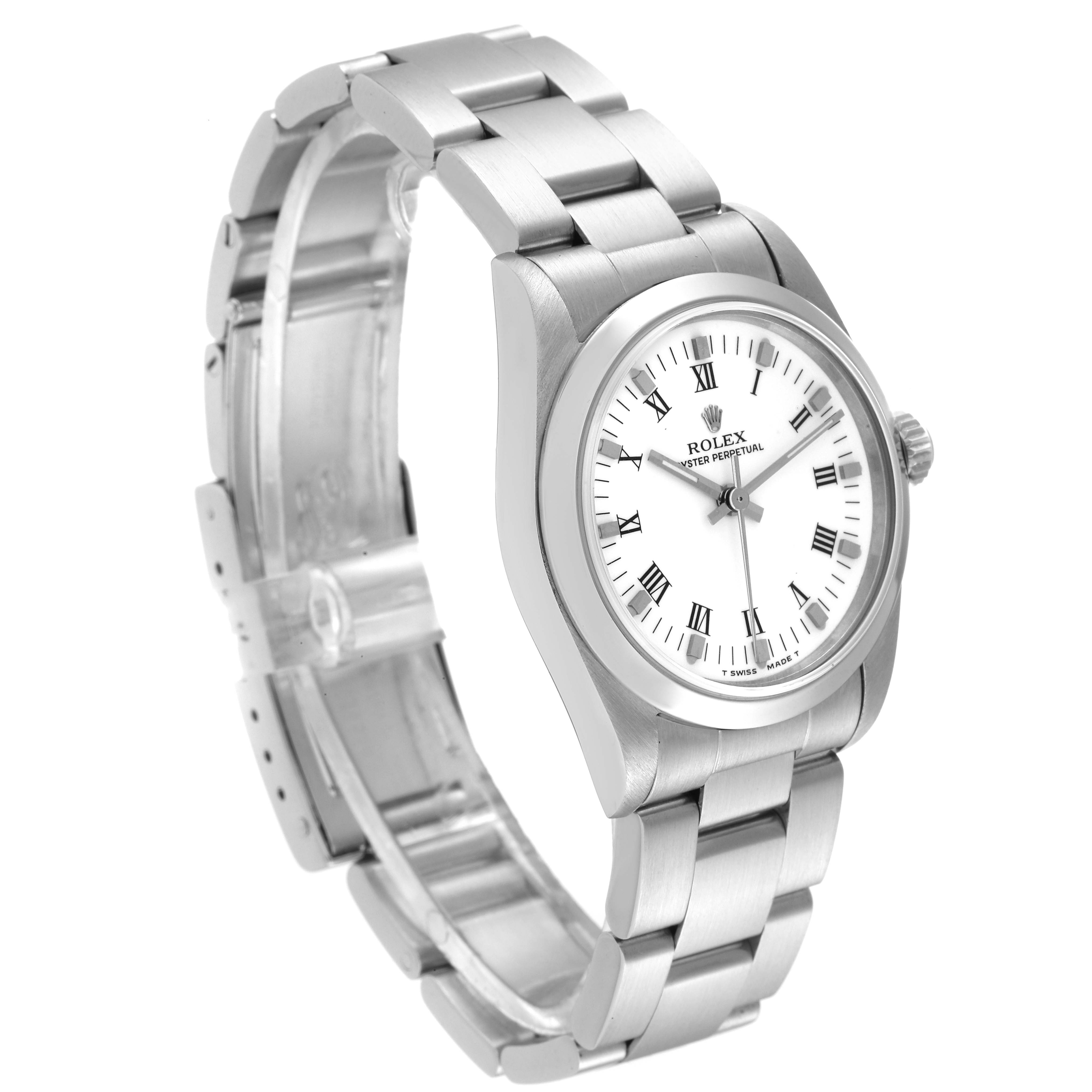 This image shows a Rolex Mid-Size 67480 Women
s Stainless Steel White Dial 67480 Women
s Stainless Steel White Dial model watch from an angled side view, displaying its bracelet, dial, and bezel.