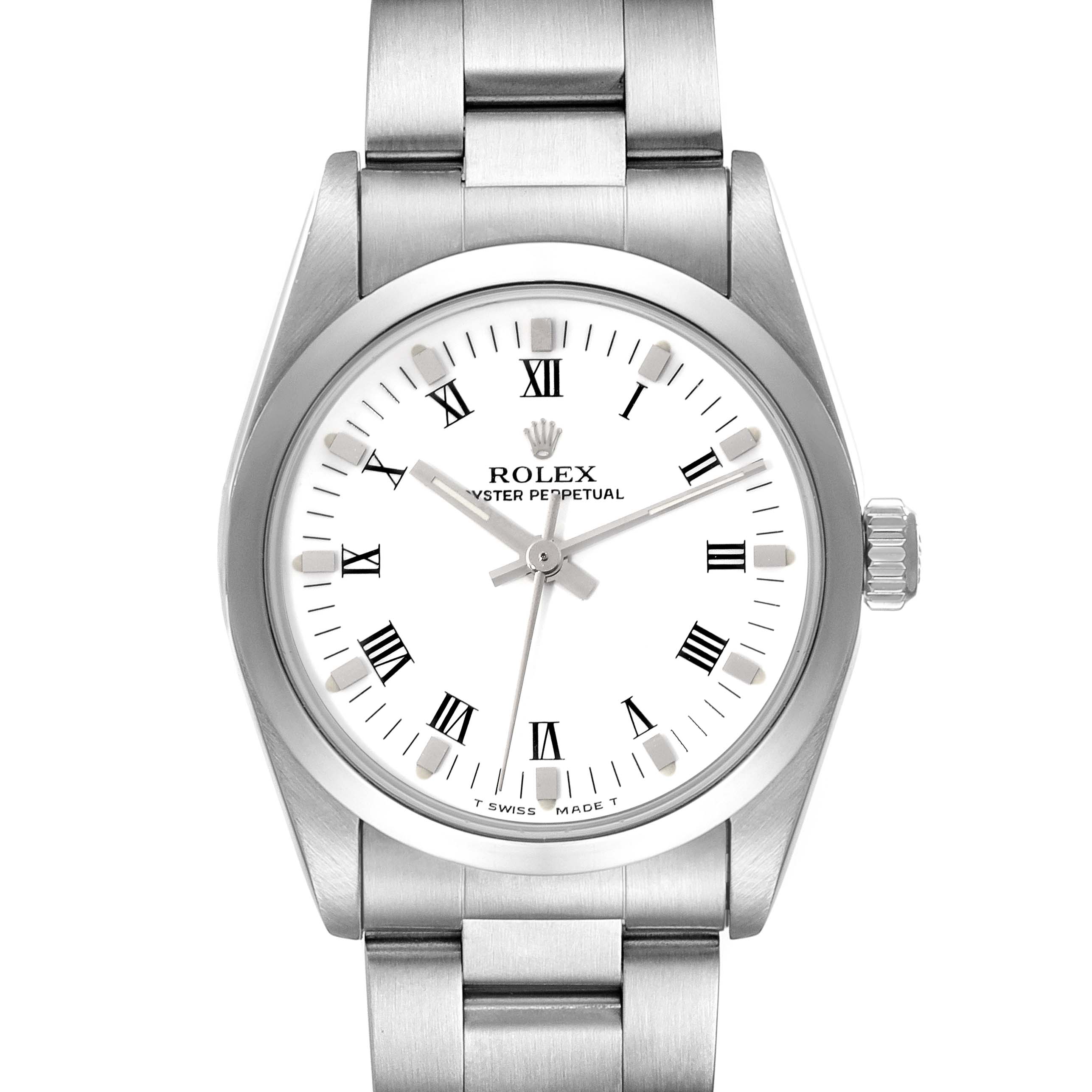This image shows the full front view of a Mid-Size Rolex Oyster Perpetual watch with a white dial and Roman numeral indices.