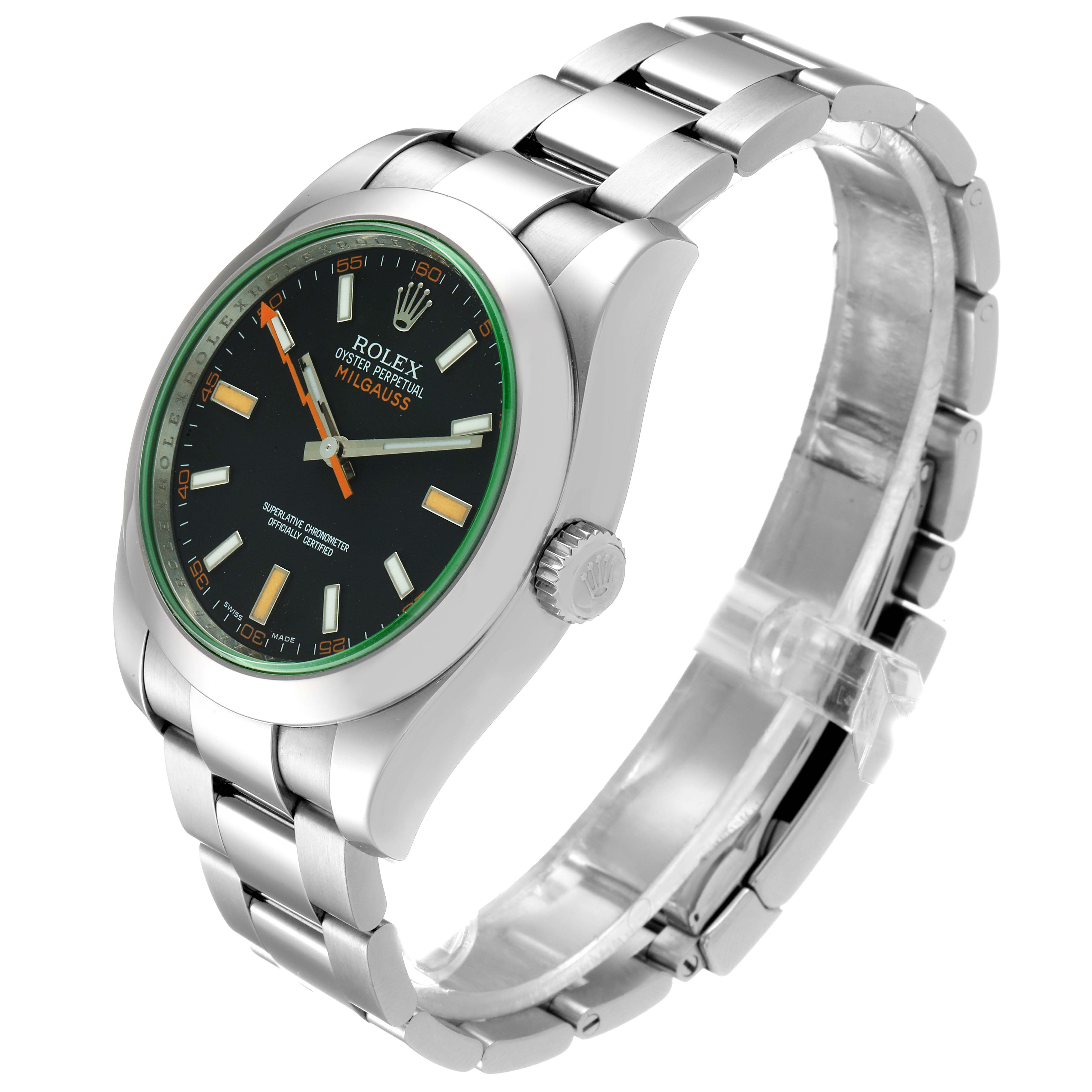The Rolex Milgauss 116400V Men
s Stainless Steel Black Dial 116400V Men
s Stainless Steel Black Dial watch is shown at an angle displaying the face, bezel, bracelet, and crown.