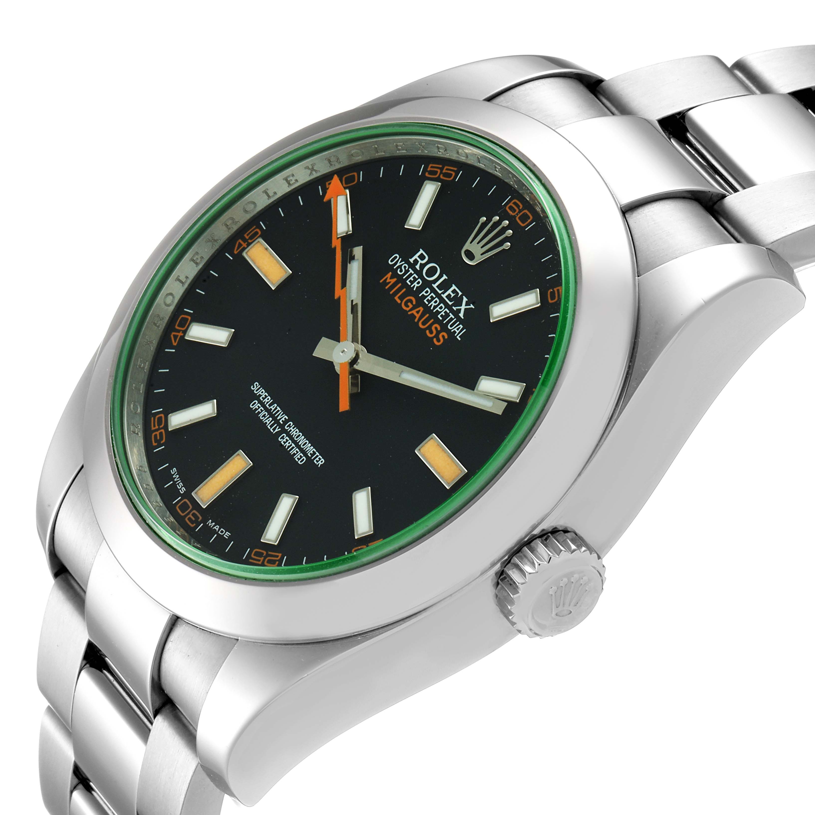 The image shows a side angle of the Rolex Milgauss 116400V Men
s Stainless Steel Black Dial 116400V Men
s Stainless Steel Black Dial watch, displaying the face, bezel, crown, and part of the bracelet.