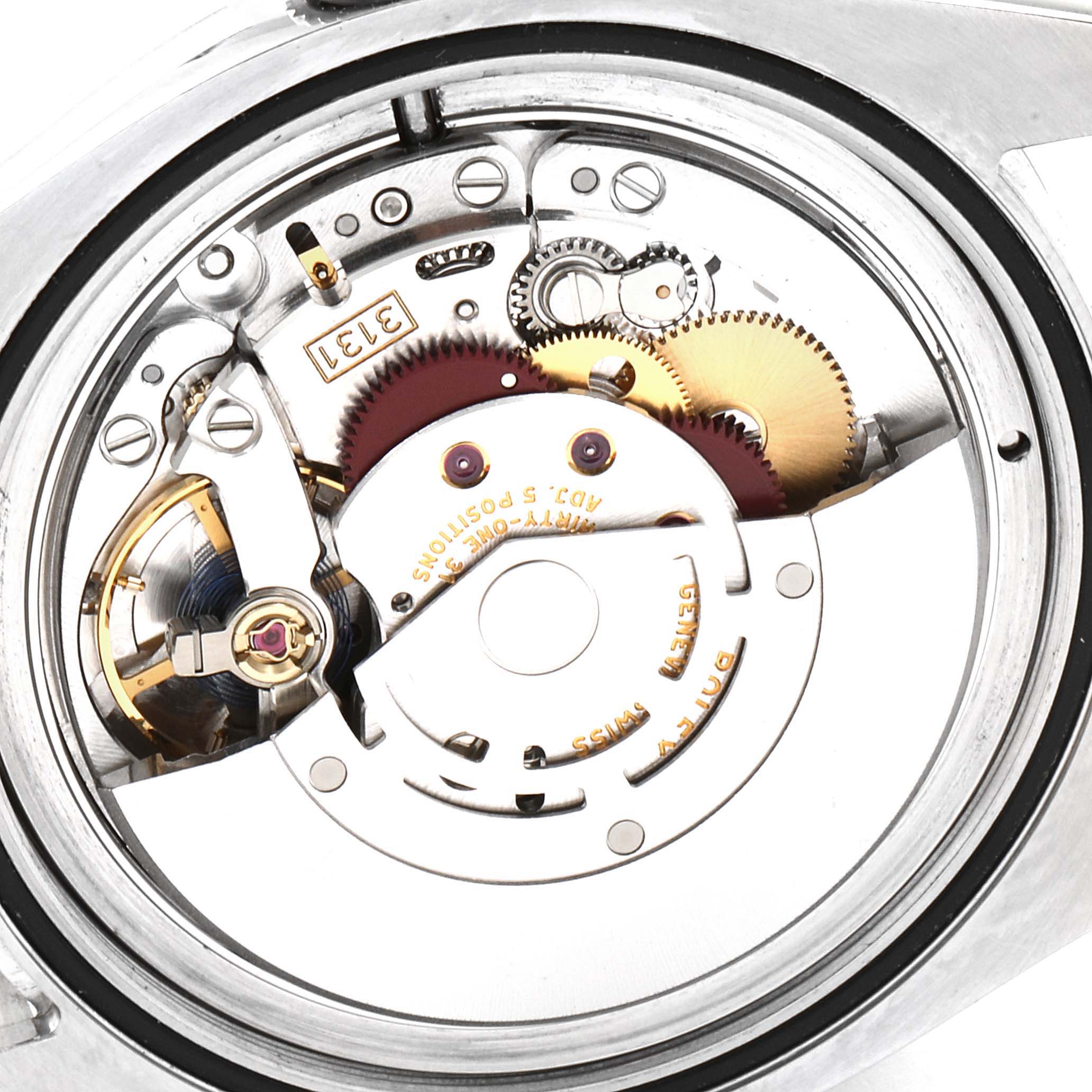 The image shows the internal mechanical movement of the Rolex Milgauss 116400V Men
s Stainless Steel Black Dial 116400V Men
s Stainless Steel Black Dial watch, viewed from the back.