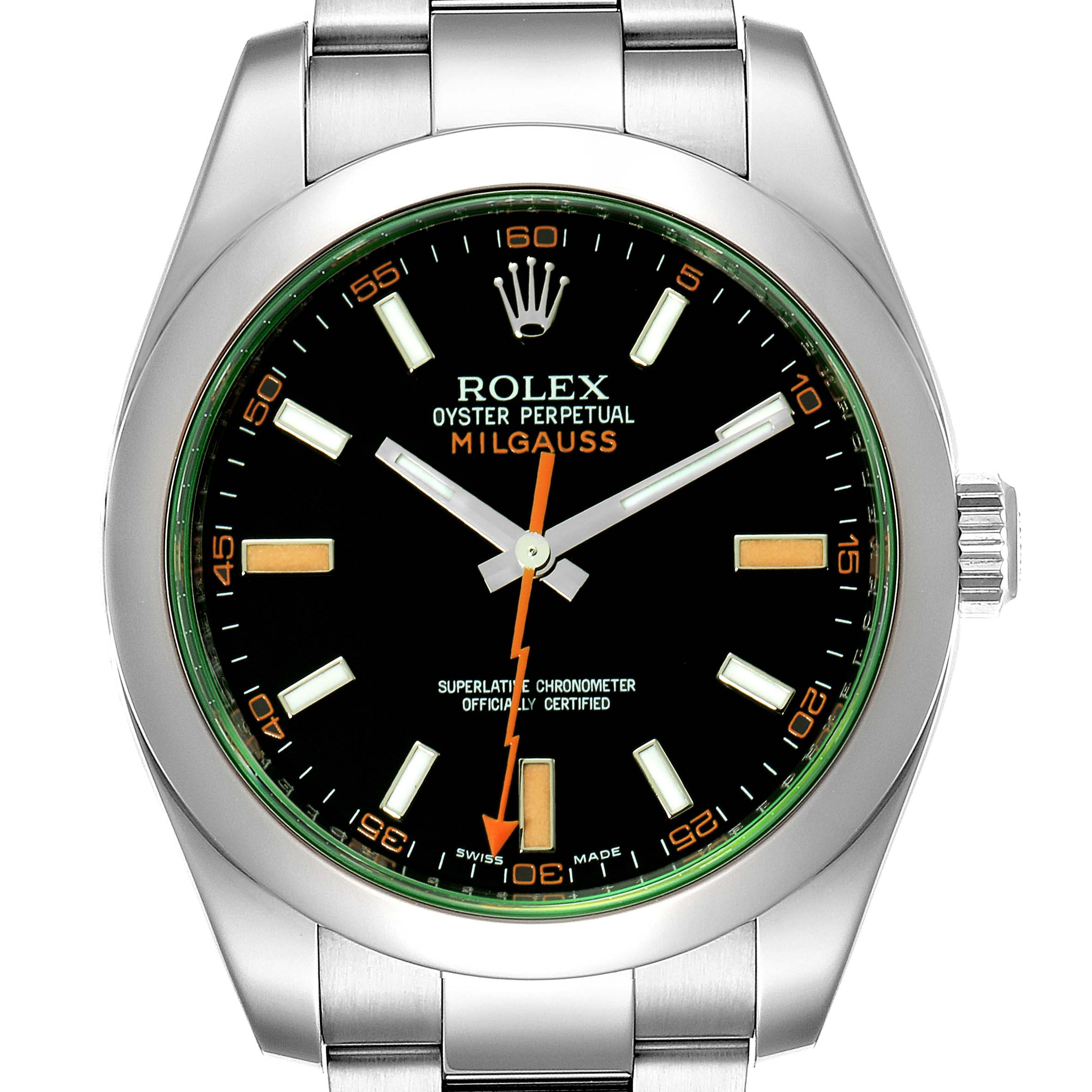 This image shows a front view of a Rolex Milgauss 116400V Men
s Stainless Steel Black Dial 116400V Men
s Stainless Steel Black Dial watch, highlighting its dial, hands, indices, case, and bracelet.
