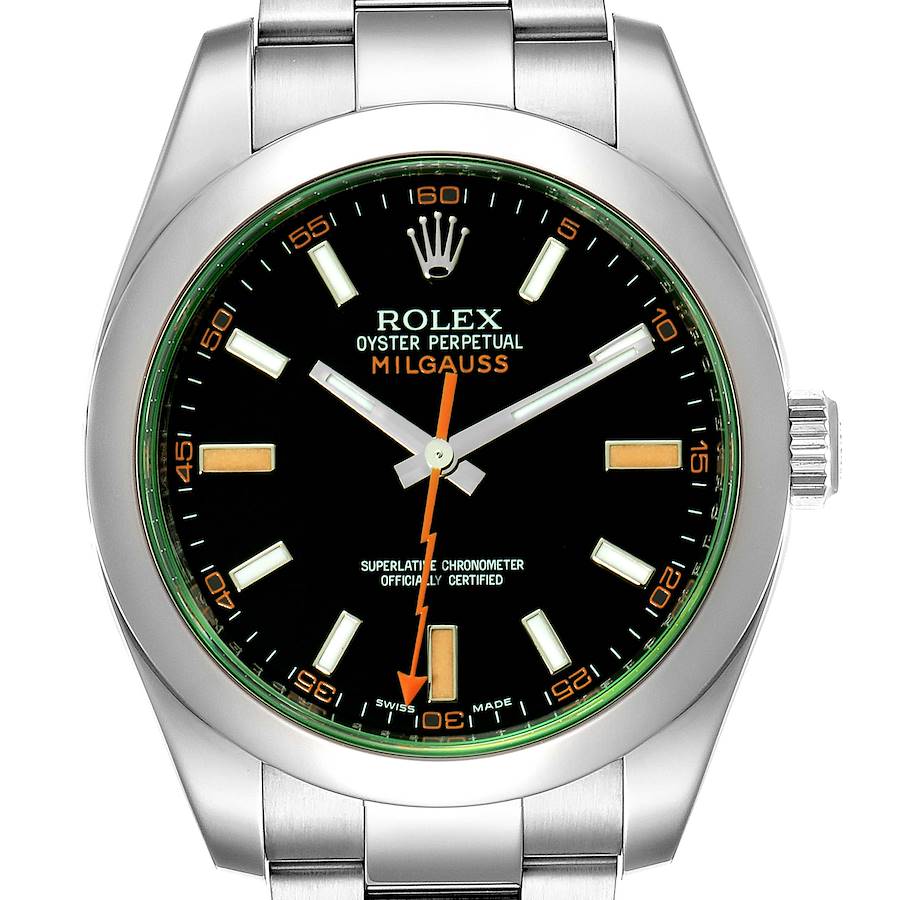 Rolex Milgauss Black Dial Green Crystal Steel Mens Watch 116400V Box Card SwissWatchExpo