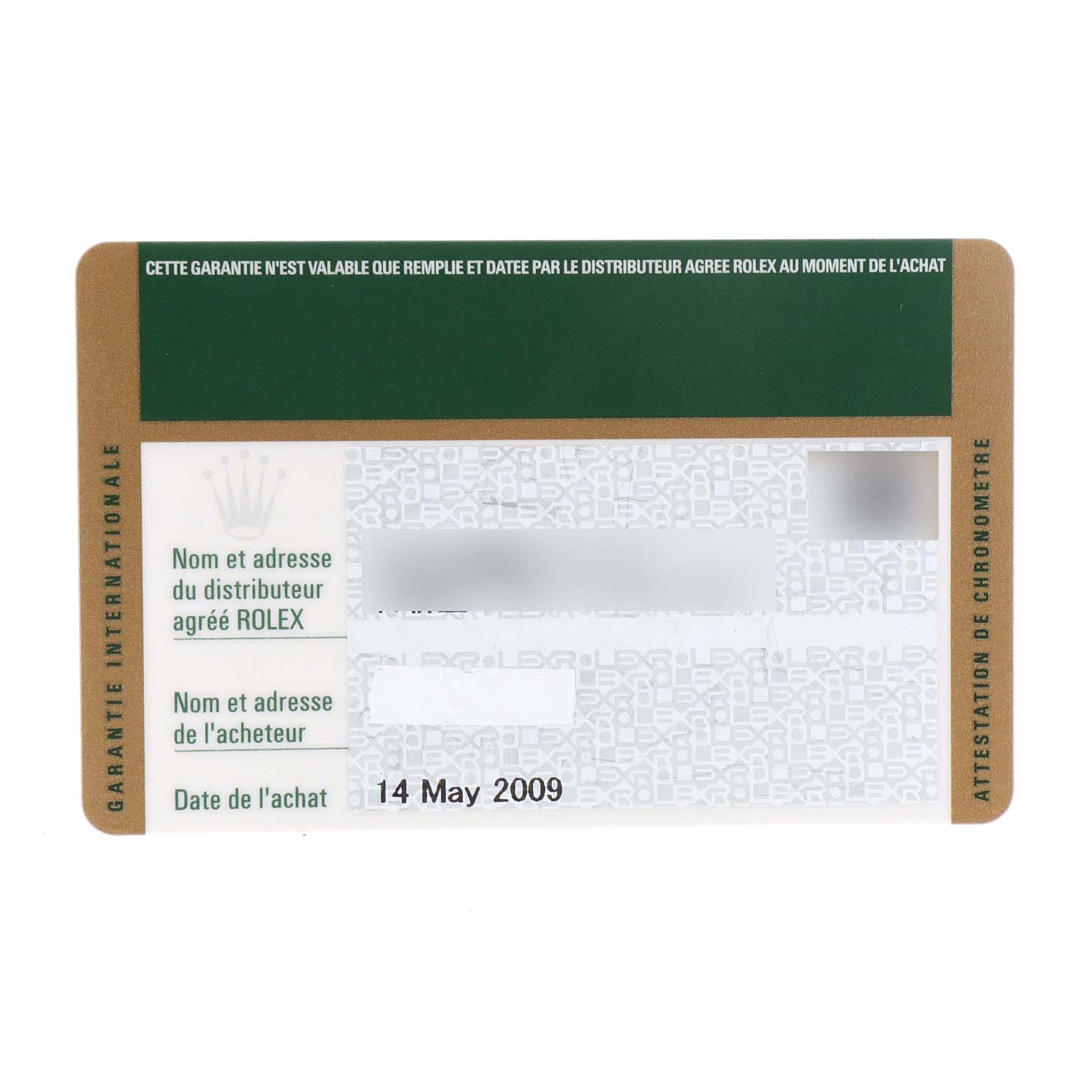 This image shows the warranty card for the Rolex Milgauss 116400V Men
s Stainless Steel Black Dial 116400V Men
s Stainless Steel Black Dial watch, dated 14 May 2009.