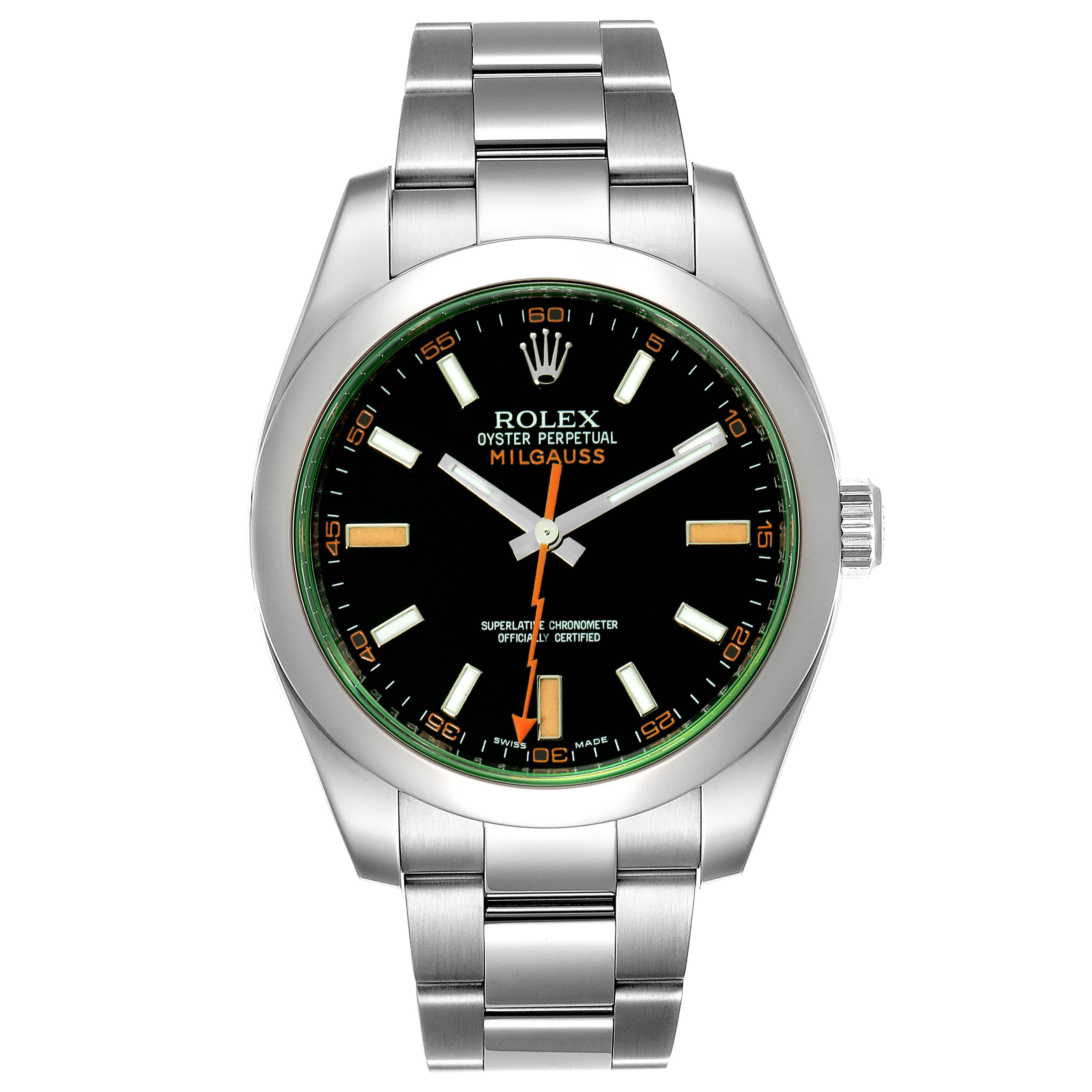 This image shows the front view of a Rolex Milgauss 116400V Men
s Stainless Steel Black Dial 116400V Men
s Stainless Steel Black Dial watch, displaying its dial, case, and part of the stainless steel bracelet.