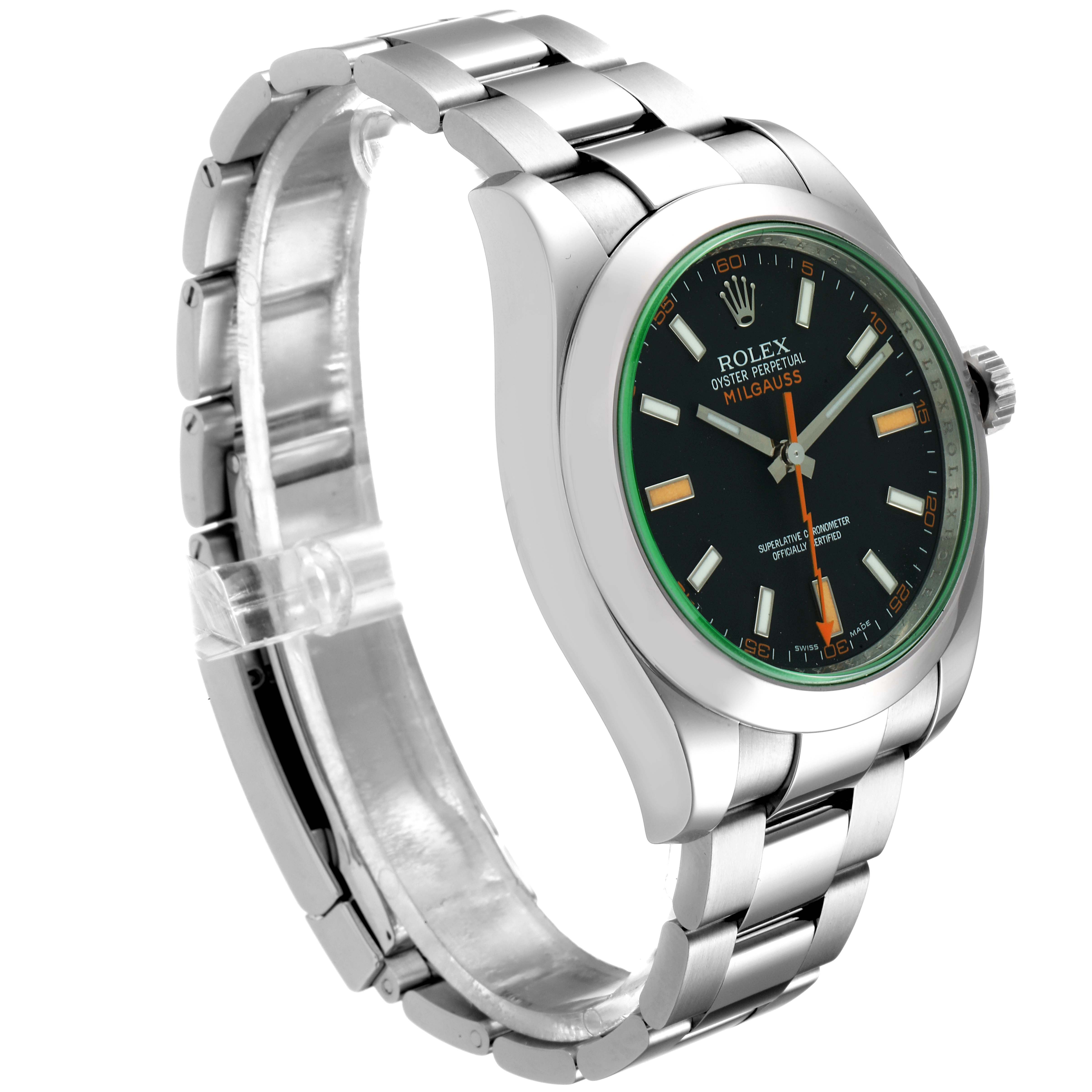 The image shows a side angle view of a Rolex Milgauss 116400V Men
s Stainless Steel Black Dial 116400V Men
s Stainless Steel Black Dial watch, displaying the watch face, bezel, case, and bracelet.