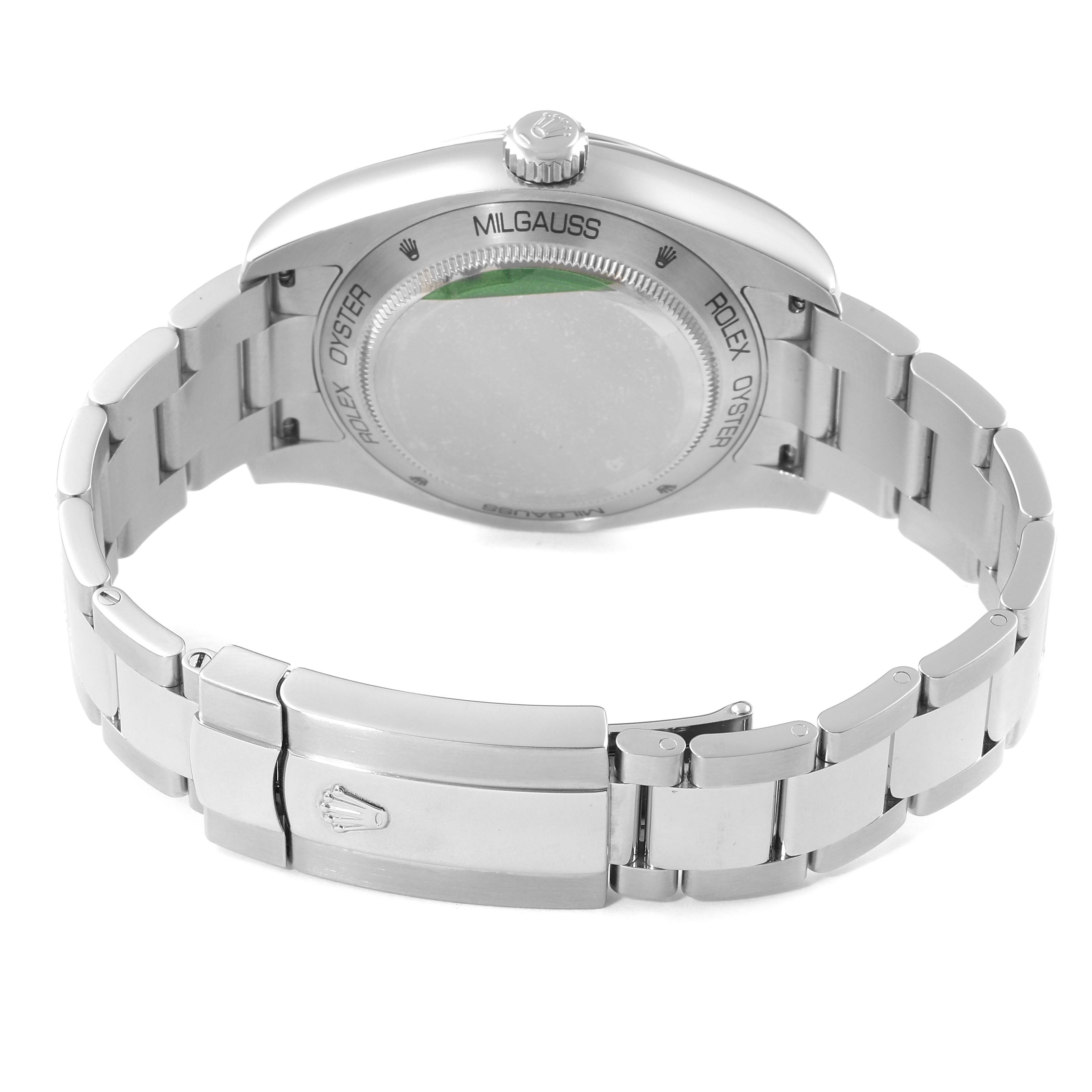 The image shows the back casing and bracelet, including the clasp, of a Rolex Milgauss 116400V Men
s Stainless Steel Black Dial 116400V Men
s Stainless Steel Black Dial watch, viewed from the rear.