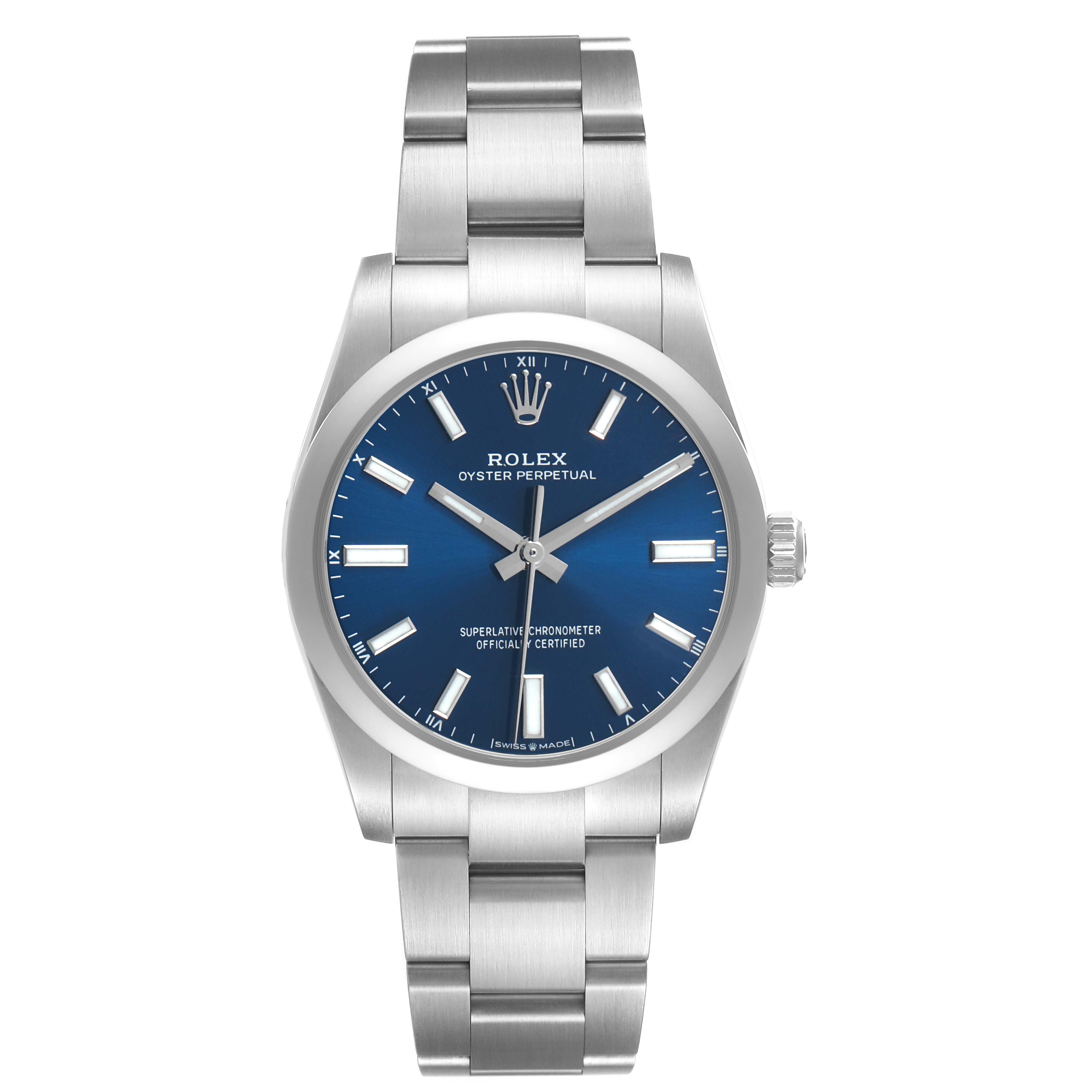 The Rolex Oyster Perpetual 124200 Men's Stainless Steel Blue Dial watch is shown from a front angle, highlighting the dial, bracelet, and case.