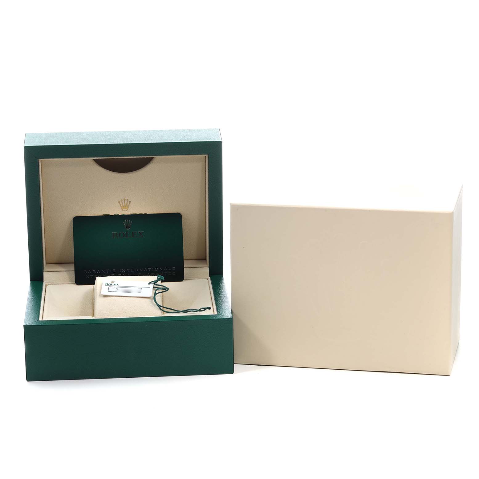 The image shows the packaging and certificate for a Rolex Oyster Perpetual 124200 Men's Stainless Steel Blue Dial, with the box open and warranty card visible.
