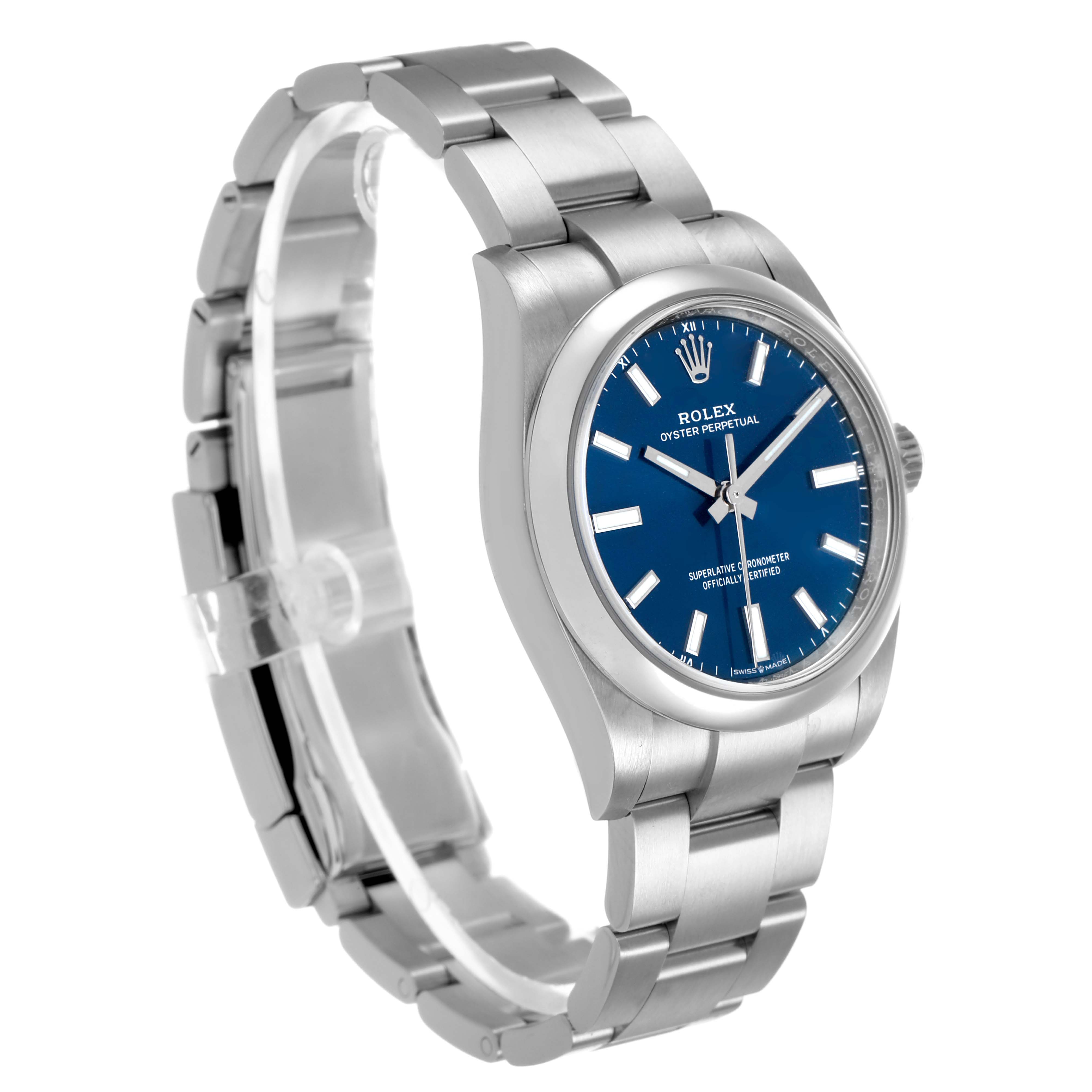 The Rolex Oyster Perpetual 124200 Men's Stainless Steel Blue Dial is shown at a three-quarter angle, highlighting the bracelet, case, and blue dial.