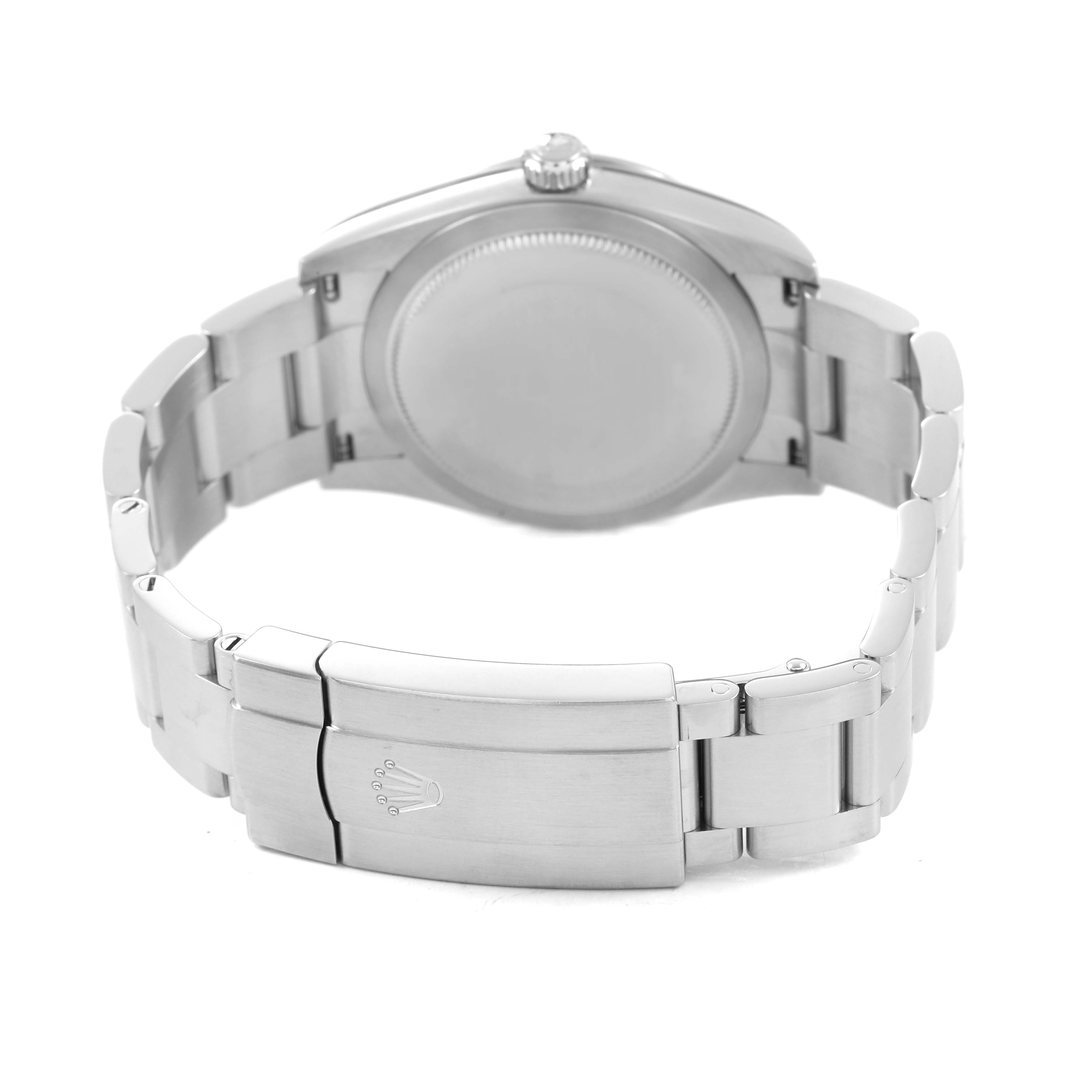 The image shows the back view of a Rolex Oyster Perpetual 124200 Men's Stainless Steel Blue Dial watch, highlighting the case back and bracelet with clasp.