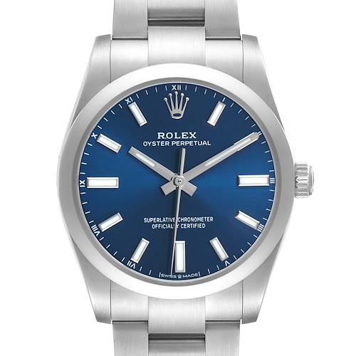 Photo of Rolex Oyster Perpetual 34 Blue Dial Steel Mens Watch 124200 Box Card