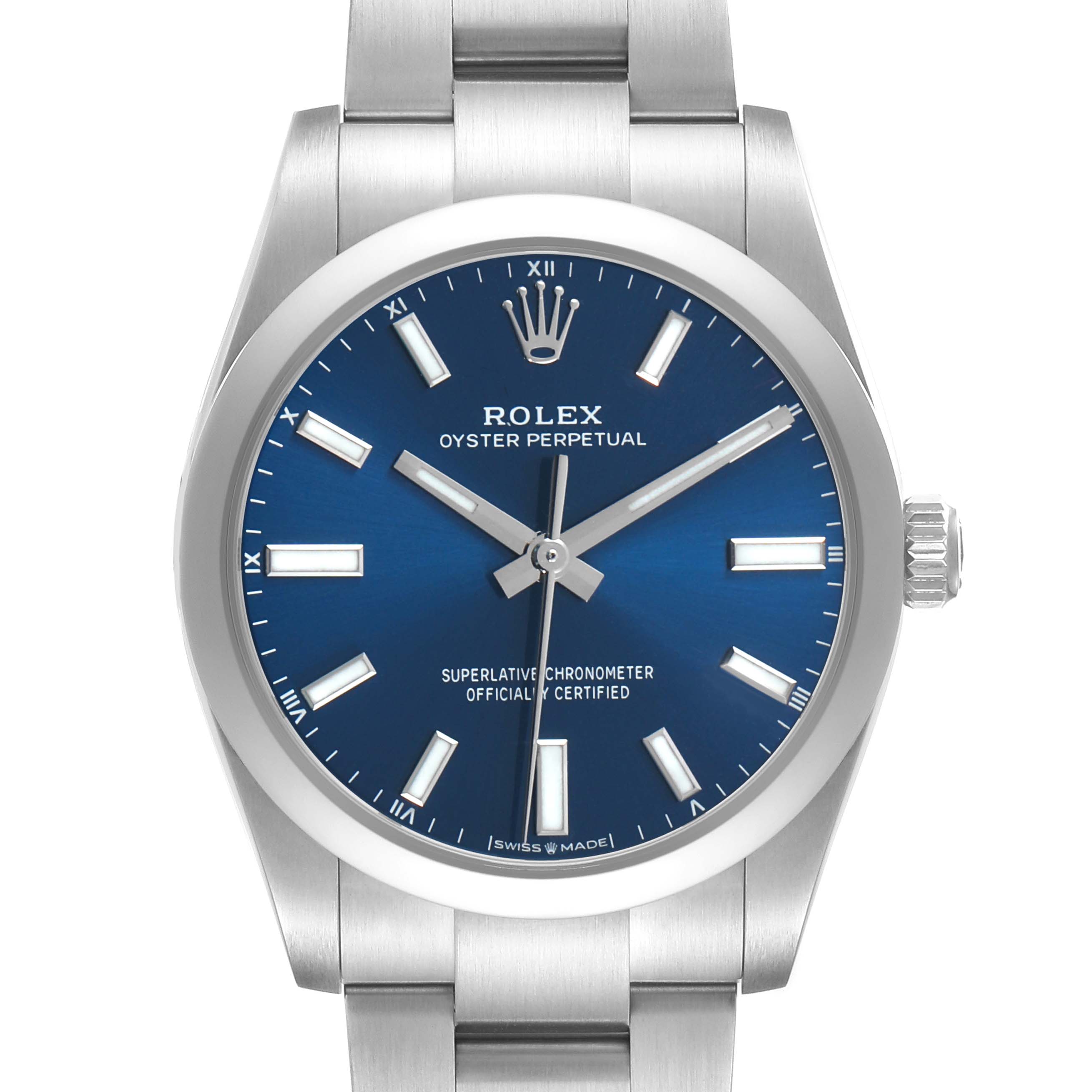 The image shows a frontal view of the Rolex Oyster Perpetual 124200 Men's Stainless Steel Blue Dial watch, focusing on its dial, bezel, and part of the bracelet.