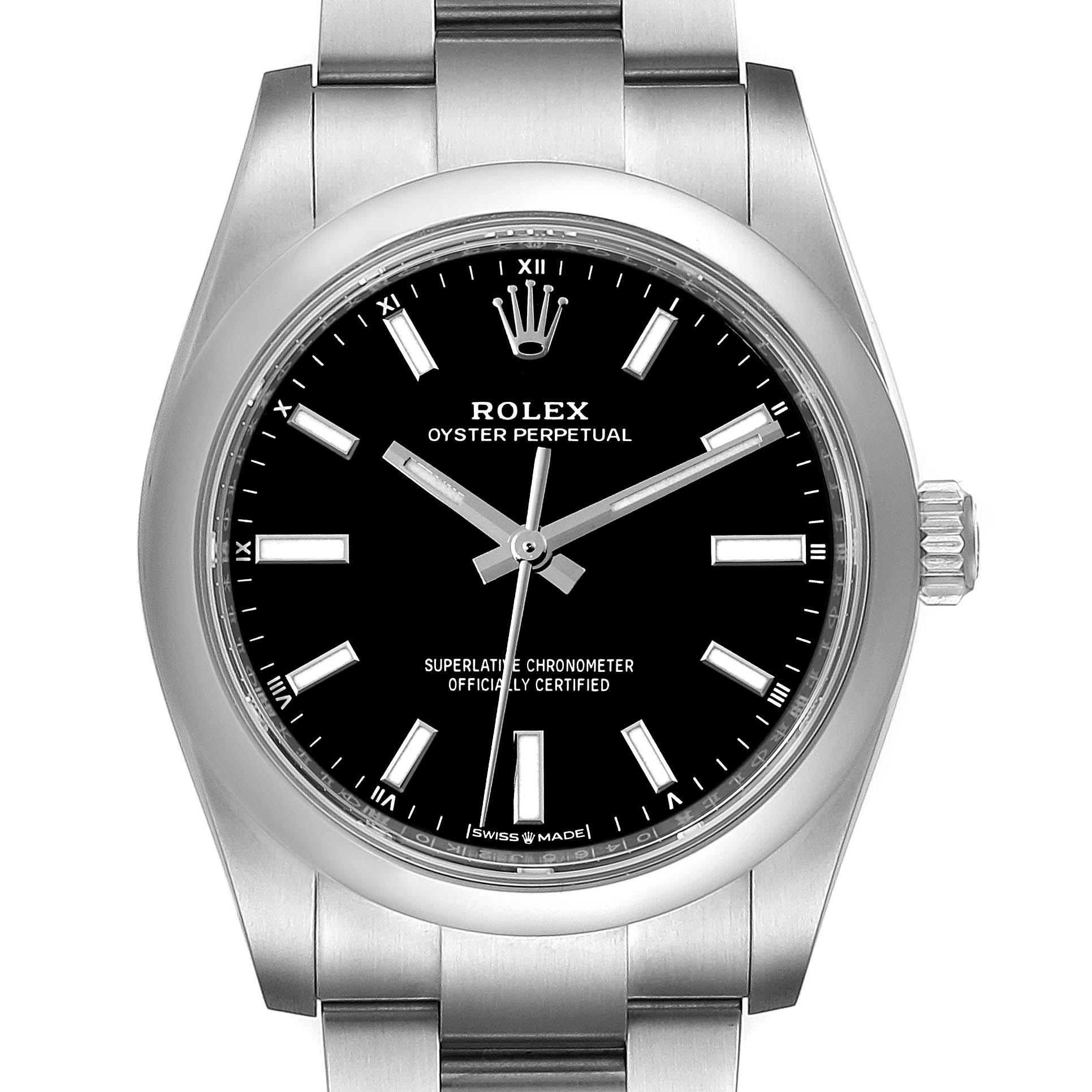 This image shows a front view of a Rolex Oyster Perpetual 124200 Men
s Stainless Steel Black Dial 124200 Men
s Stainless Steel Black Dial watch, highlighting the dial, bezel, crown, and bracelet.