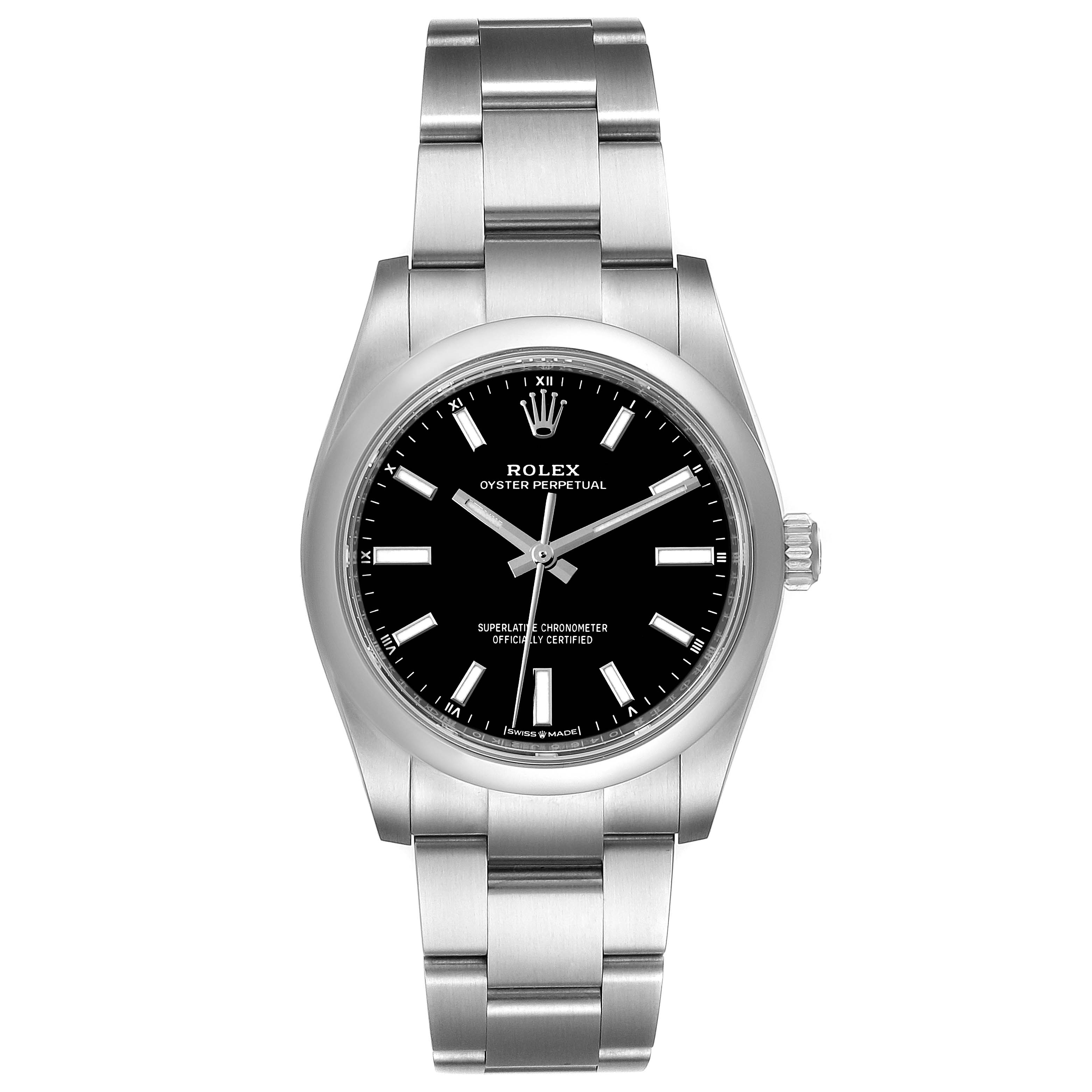This image shows a front view of a Rolex Oyster Perpetual 124200 Men
s Stainless Steel Black Dial 124200 Men
s Stainless Steel Black Dial watch, highlighting the black dial, silver markers, and metal bracelet.