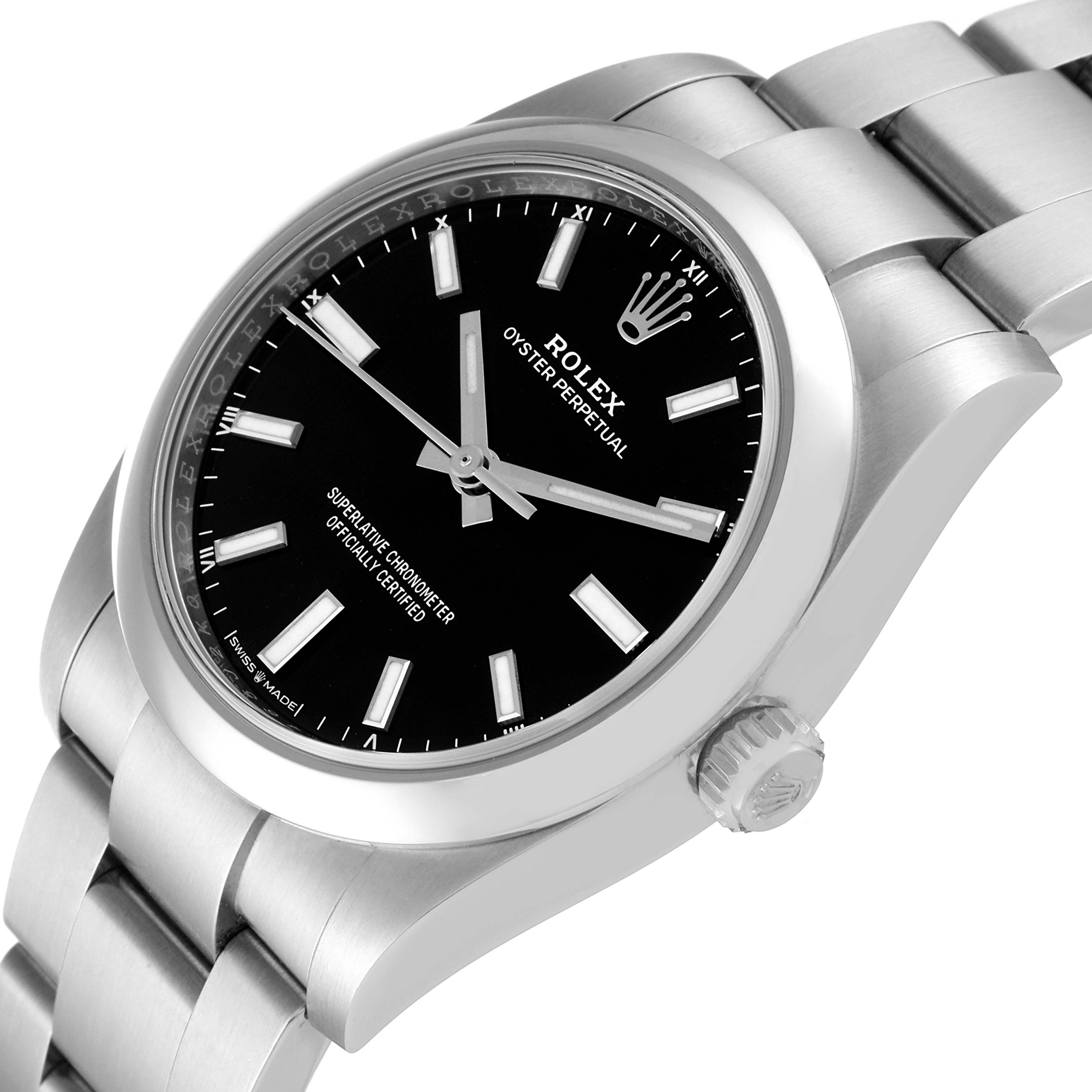 This image shows a close-up of the Rolex Oyster Perpetual 124200 Men
s Stainless Steel Black Dial 124200 Men
s Stainless Steel Black Dial watch at an angled view, highlighting the dial, crown, and part of the bracelet.