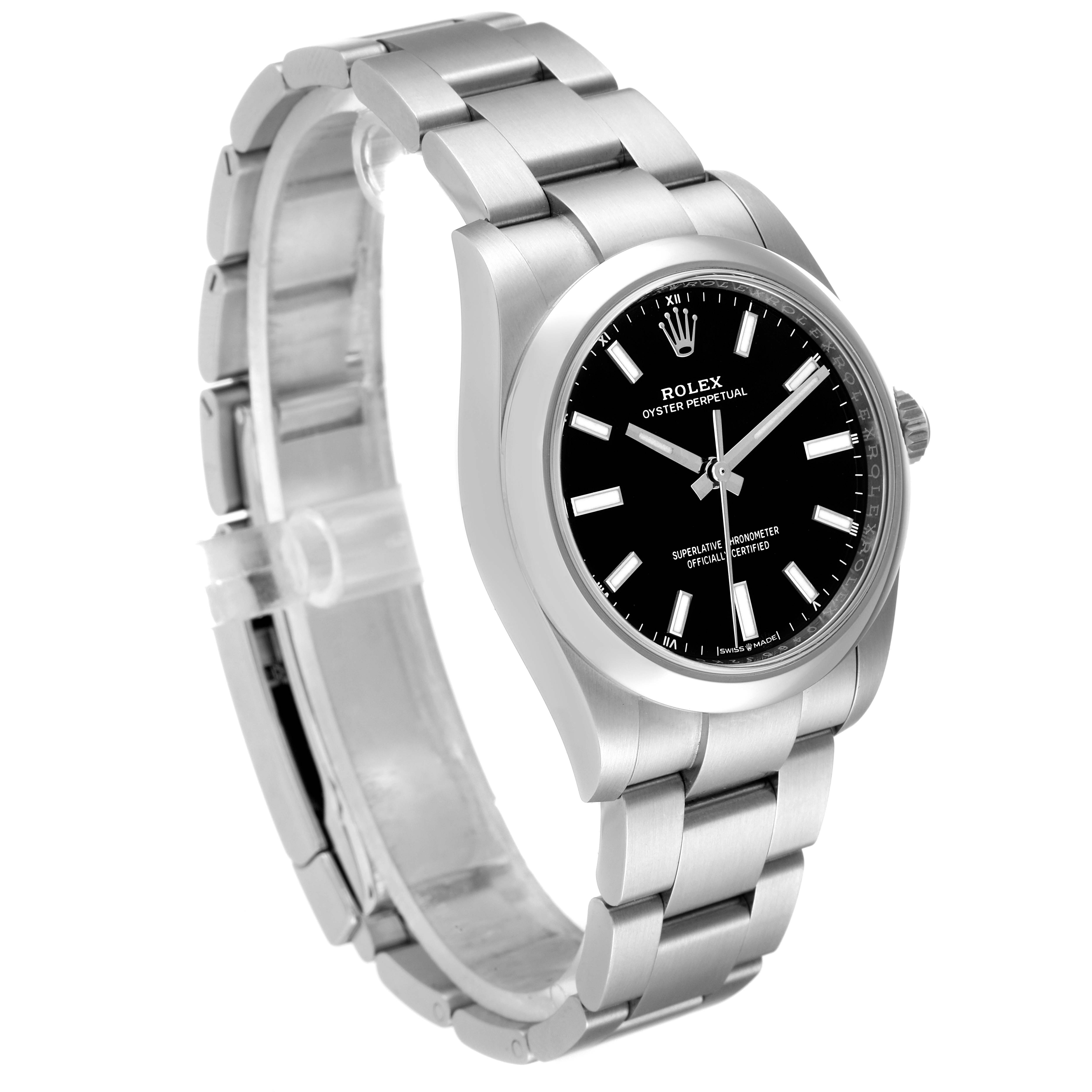 The Rolex Oyster Perpetual 124200 Men
s Stainless Steel Black Dial 124200 Men
s Stainless Steel Black Dial watch is shown at a slight angle, featuring the dial, bracelet, and bezel.