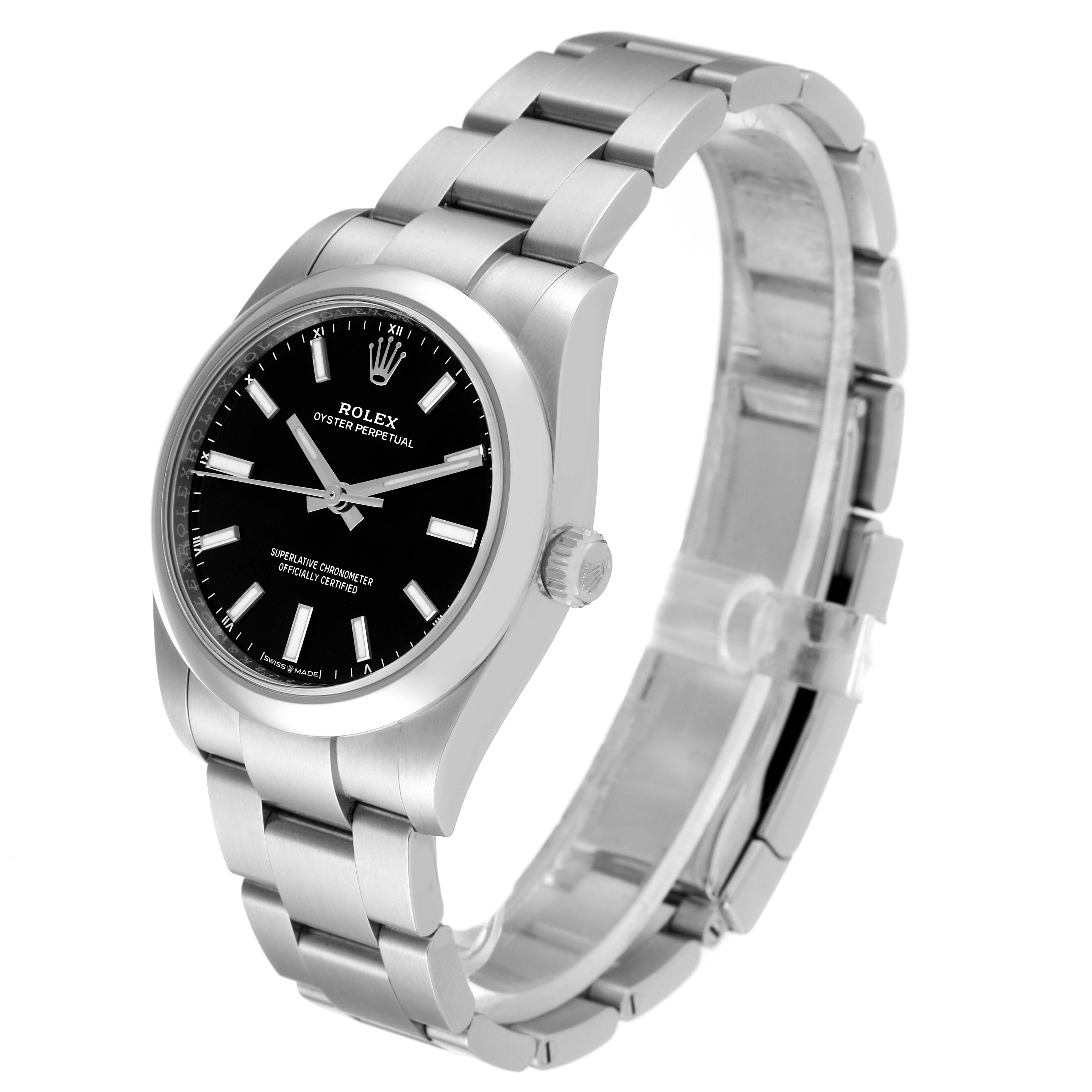 The image shows a side angle of the Rolex Oyster Perpetual 124200 Men
s Stainless Steel Black Dial 124200 Men
s Stainless Steel Black Dial watch, highlighting the face, bezel, crown, and bracelet.