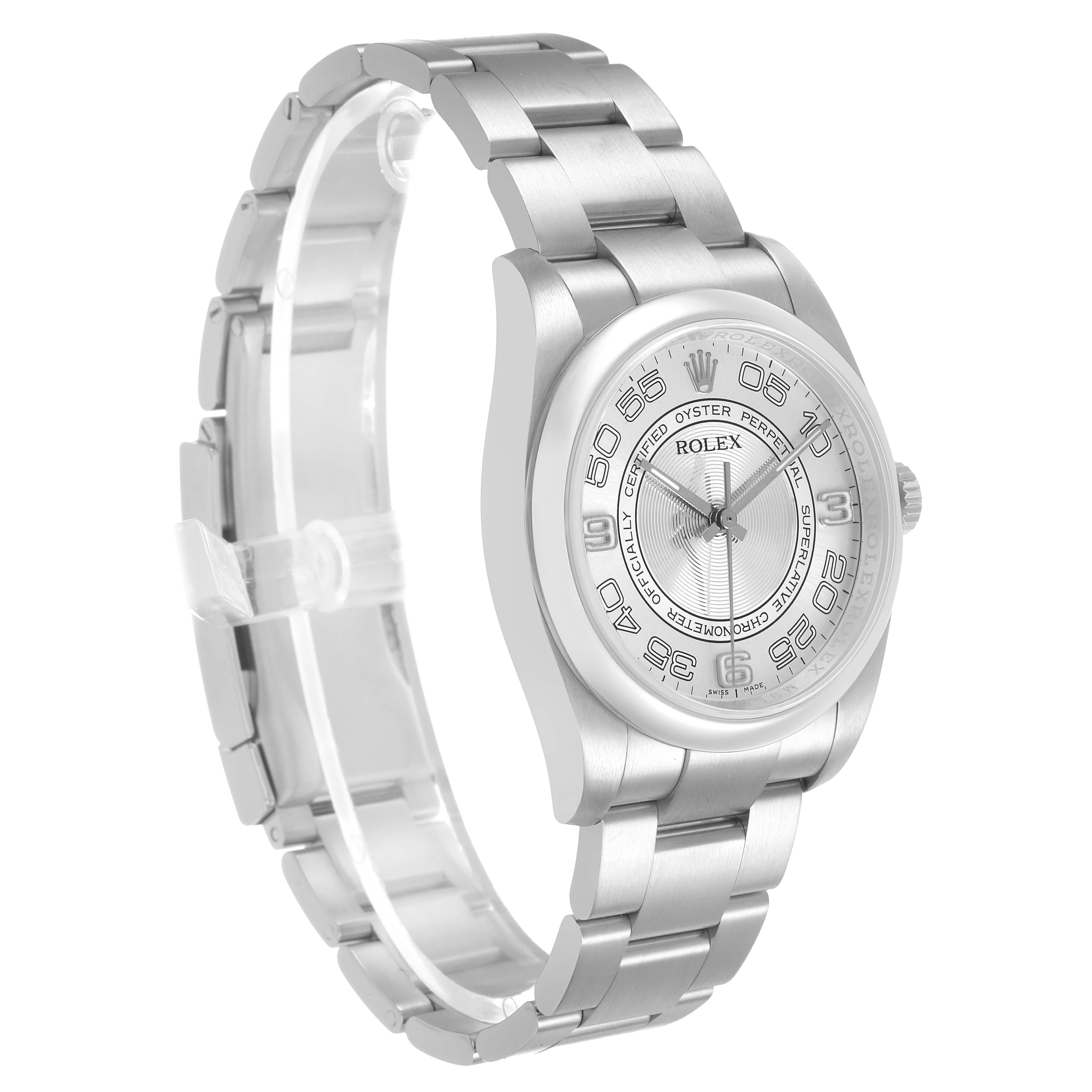 The Rolex Oyster Perpetual 116000 Men's Stainless Steel Silver Dial watch is shown at a three-quarter angle, highlighting the bracelet, case, and dial.