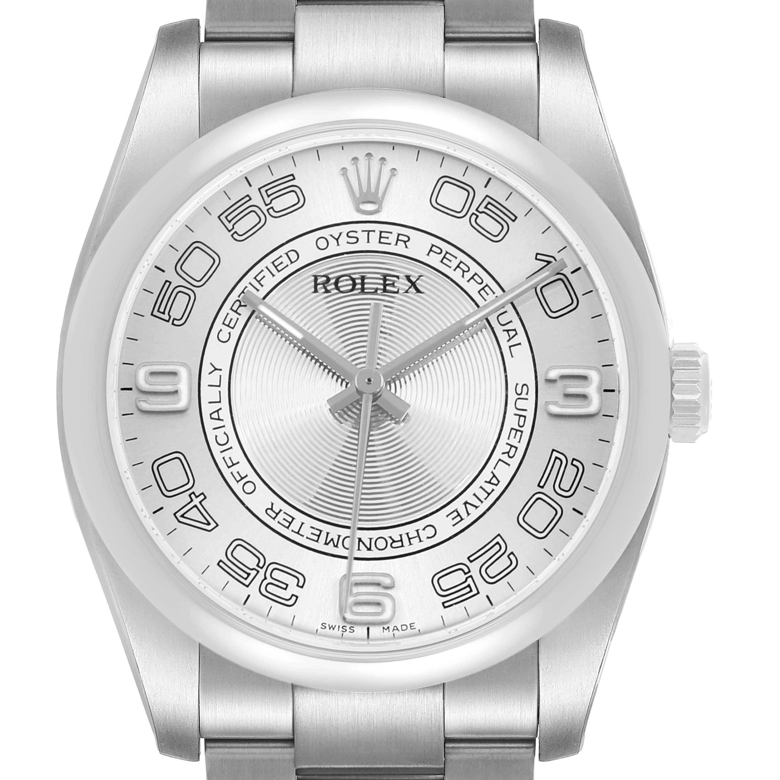 The Rolex Oyster Perpetual 116000 Men's Stainless Steel Silver Dial watch is shown from the front, featuring its dial, bezel, case, and part of the bracelet.