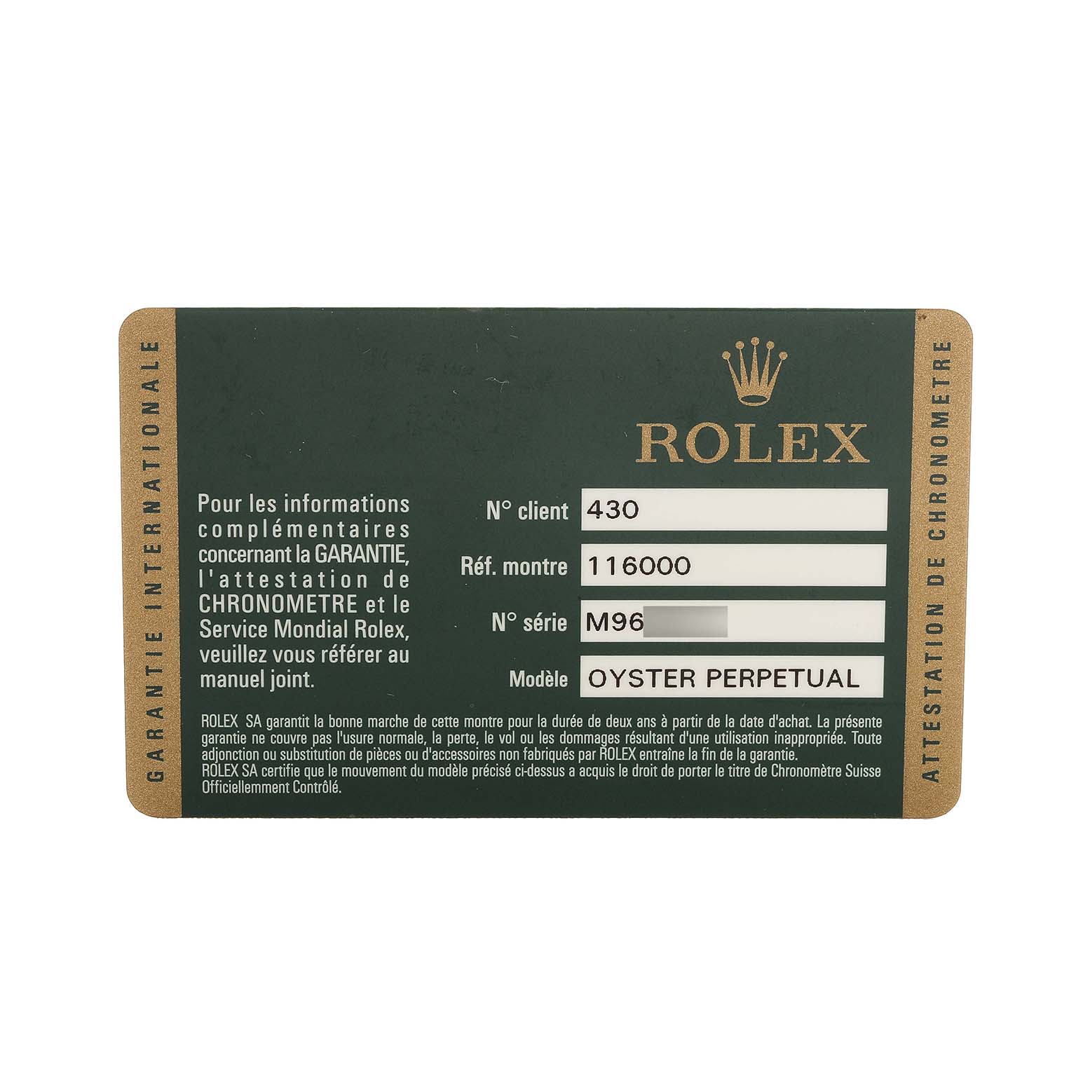 The image shows a warranty card for a Rolex Oyster Perpetual 116000 Men's Stainless Steel Silver Dial watch, displaying model details and serial numbers.