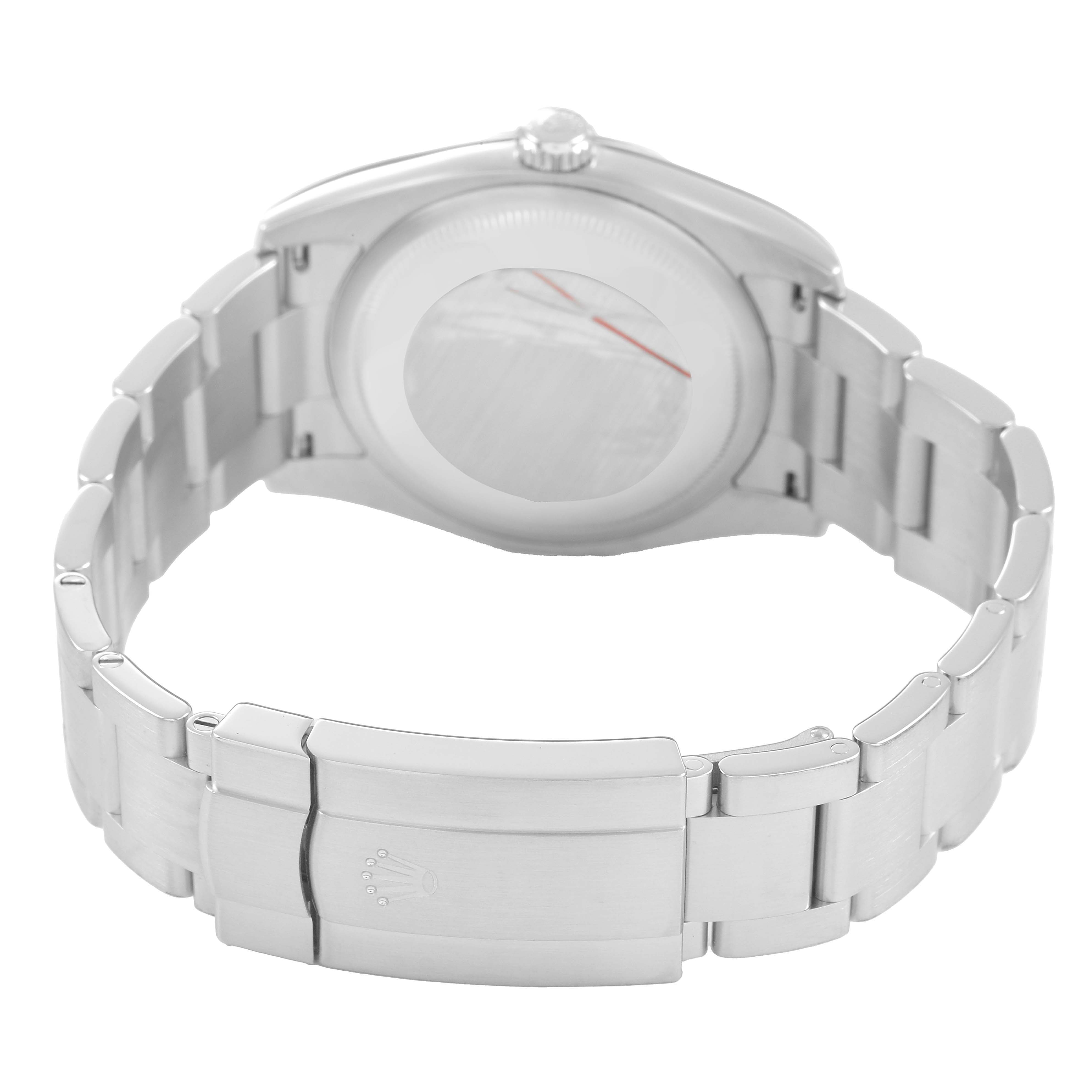 The Rolex Oyster Perpetual 116000 Men's Stainless Steel Silver Dial watch is shown from the back, displaying the bracelet and closed clasp.