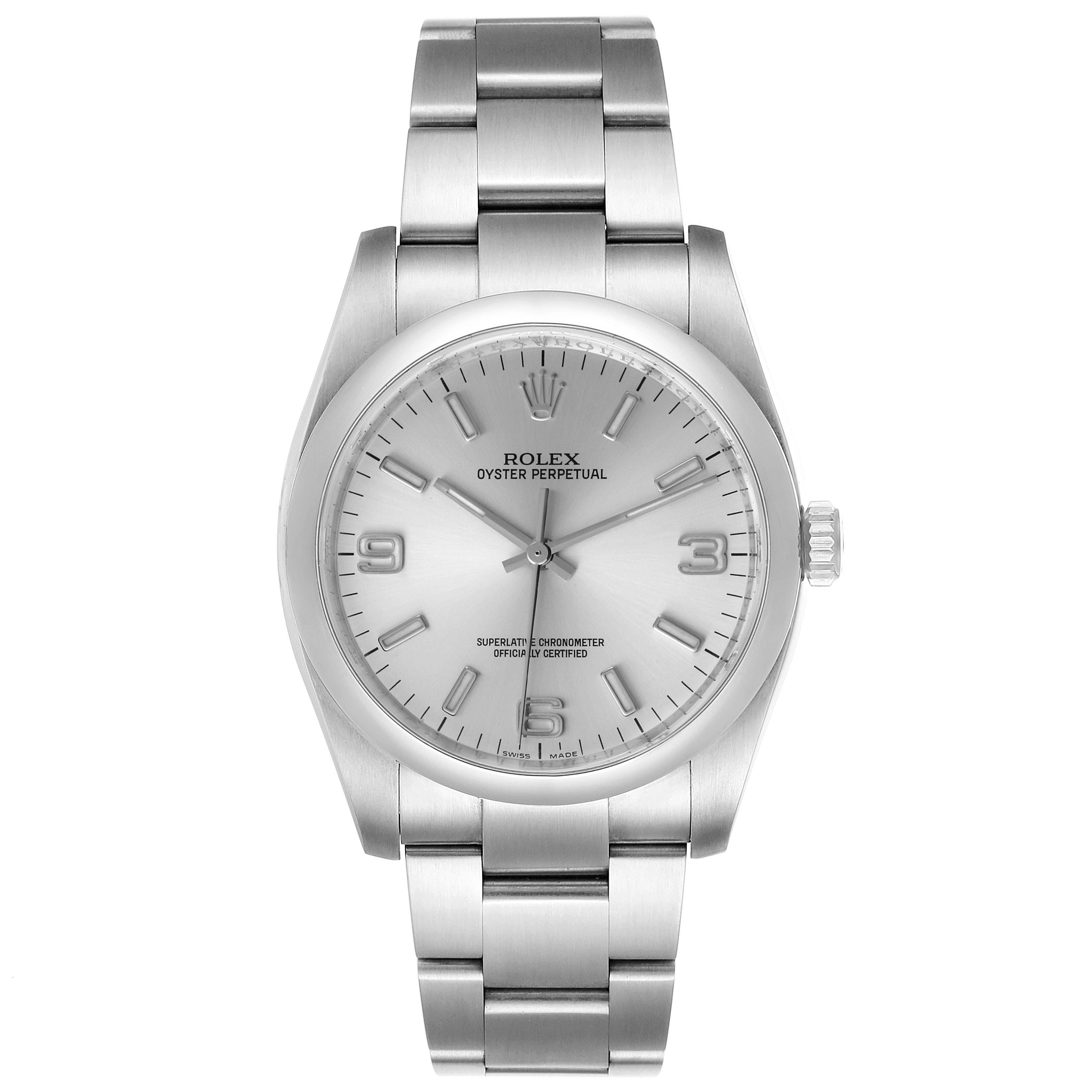 The image shows a front view of a Rolex Oyster Perpetual 116000 Men's Stainless Steel Silver Dial 116000 Men's Stainless Steel Silver Dial watch, including the dial, bracelet, and crown.