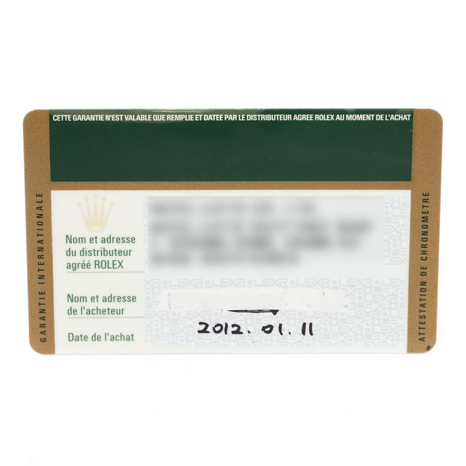 This image shows the warranty card for a Rolex Oyster Perpetual 116000 Men's Stainless Steel Silver Dial 116000 Men's Stainless Steel Silver Dial watch, featuring the brand logo and purchase details.