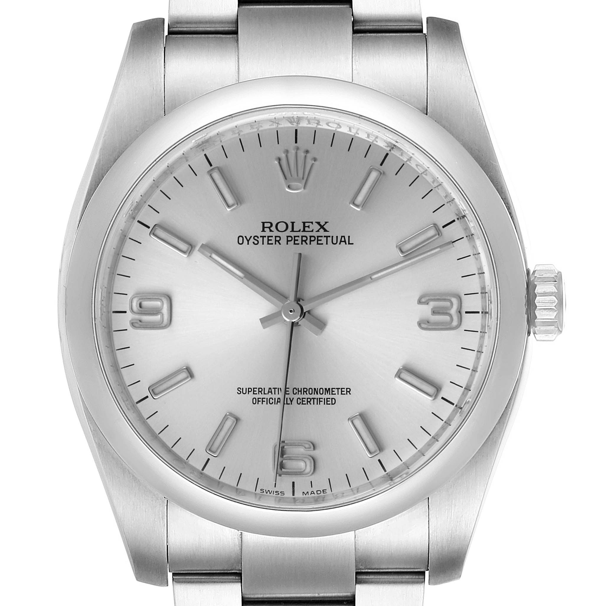 The image shows a front view of a Rolex Oyster Perpetual 116000 Men's Stainless Steel Silver Dial 116000 Men's Stainless Steel Silver Dial watch, highlighting its silver dial, hour markers, and stainless steel bracelet.