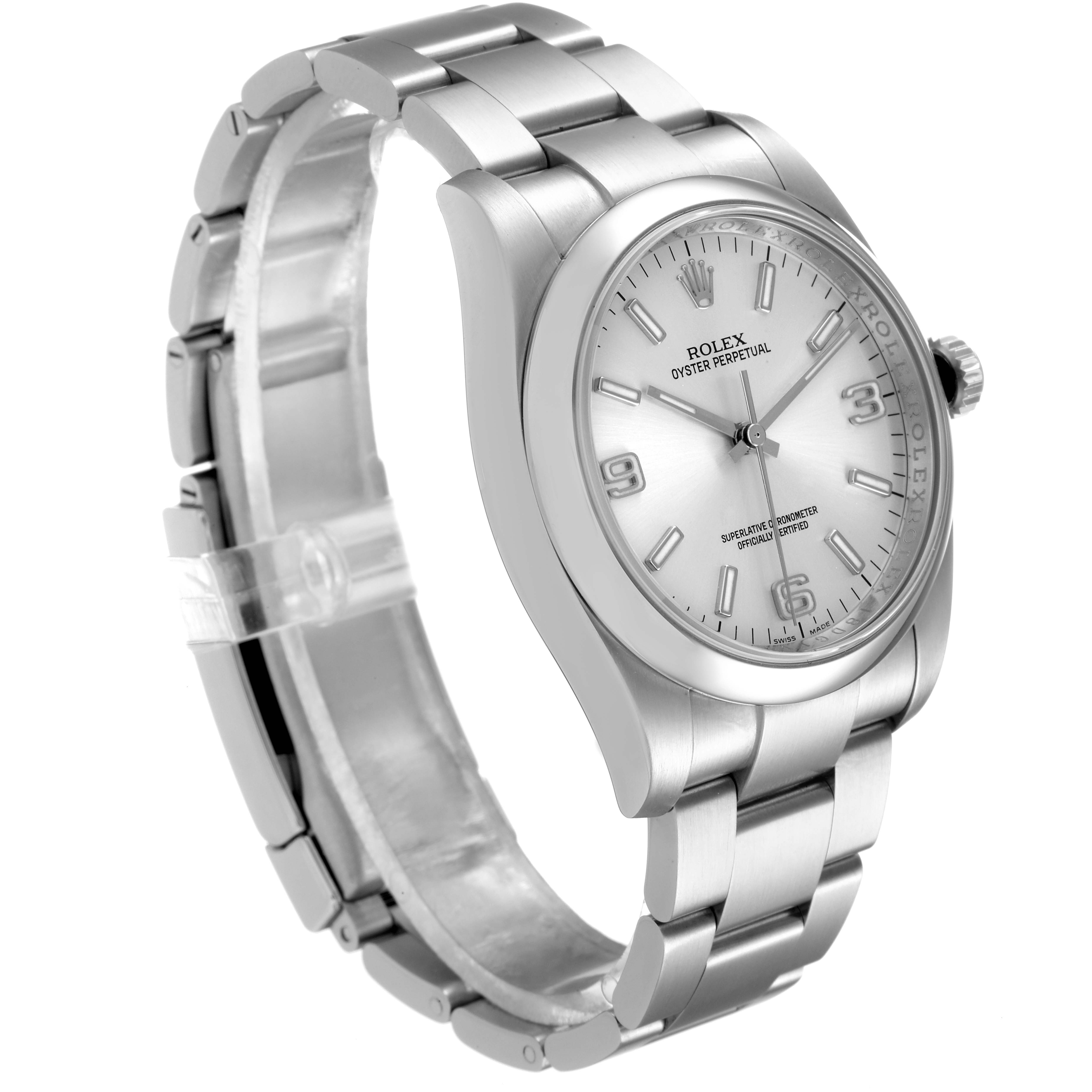 The Rolex Oyster Perpetual 116000 Men's Stainless Steel Silver Dial 116000 Men's Stainless Steel Silver Dial watch is shown at a three-quarter angle from the right, displaying the dial, case, and bracelet.