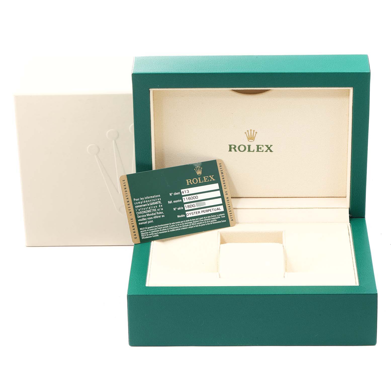 The image shows the open box and warranty card for a Rolex Oyster Perpetual 116000 Men's Stainless Steel Silver Dial 116000 Men's Stainless Steel Silver Dial watch.