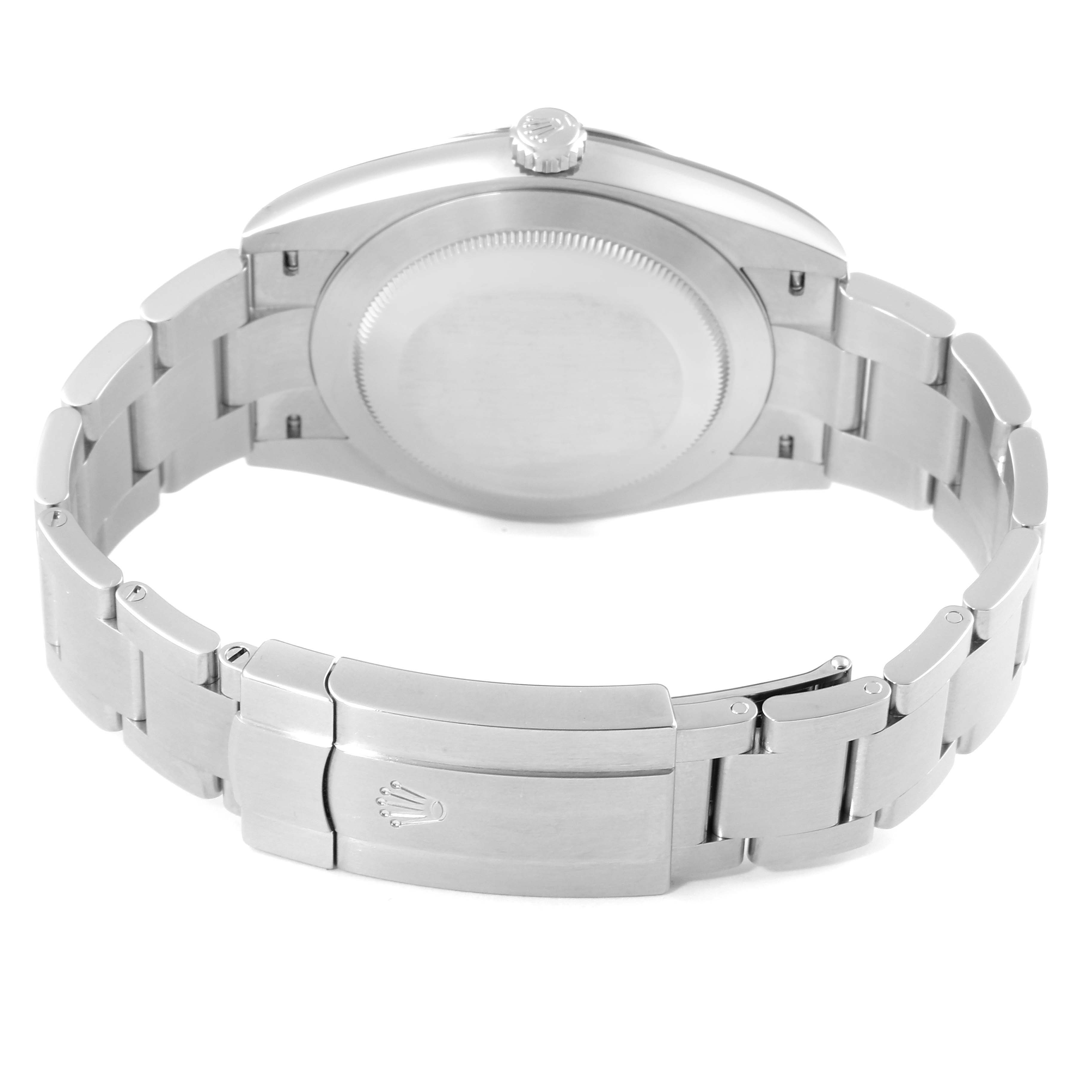 The image shows the back and bracelet of a Rolex Oyster Perpetual 114300 Men
s Stainless Steel Blue Dial 114300 Men
s Stainless Steel Blue Dial watch, prominently featuring the closed clasp.