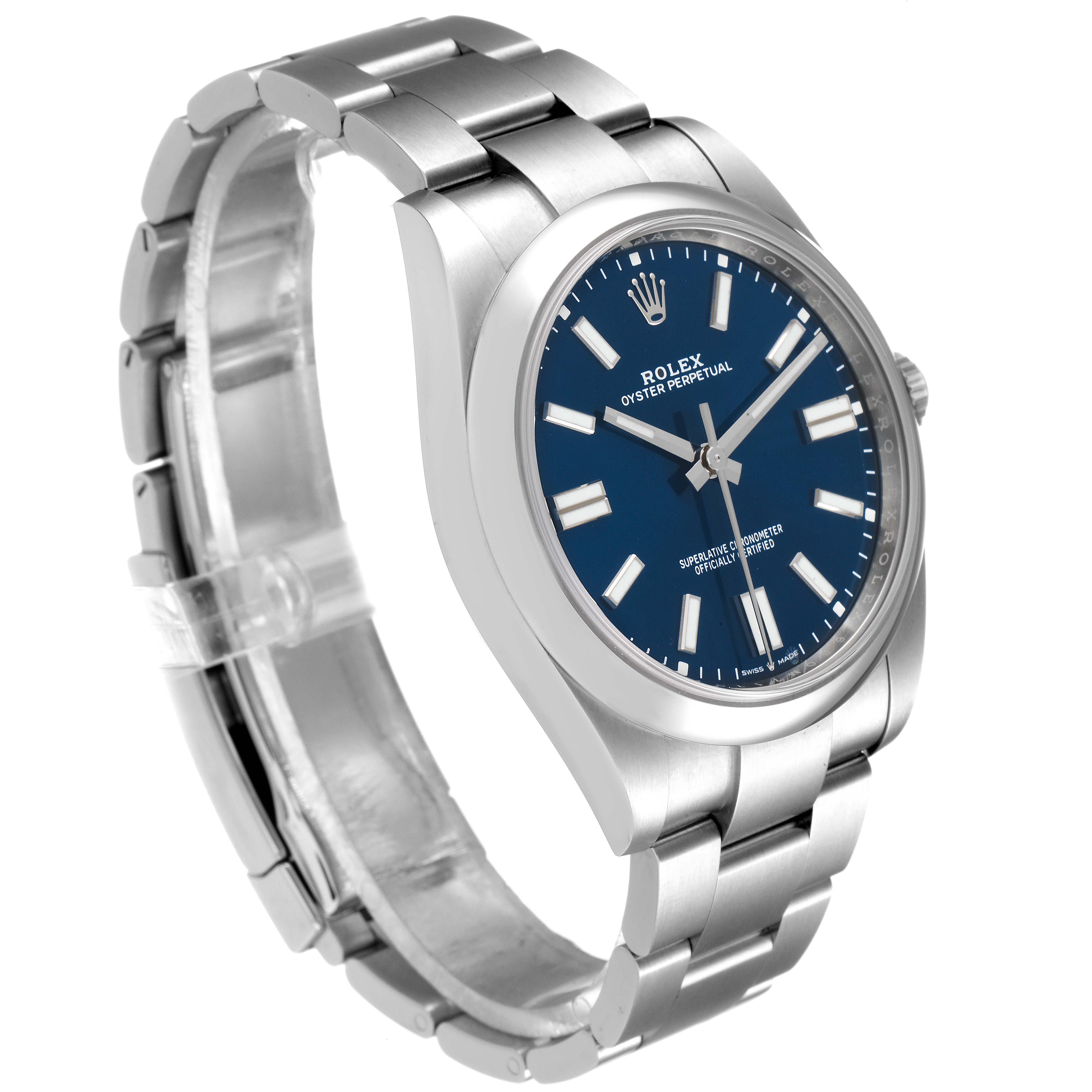 The image shows a side angled view of a Rolex Oyster Perpetual 114300 Men
s Stainless Steel Blue Dial 114300 Men
s Stainless Steel Blue Dial watch, highlighting its blue dial and stainless steel bracelet.