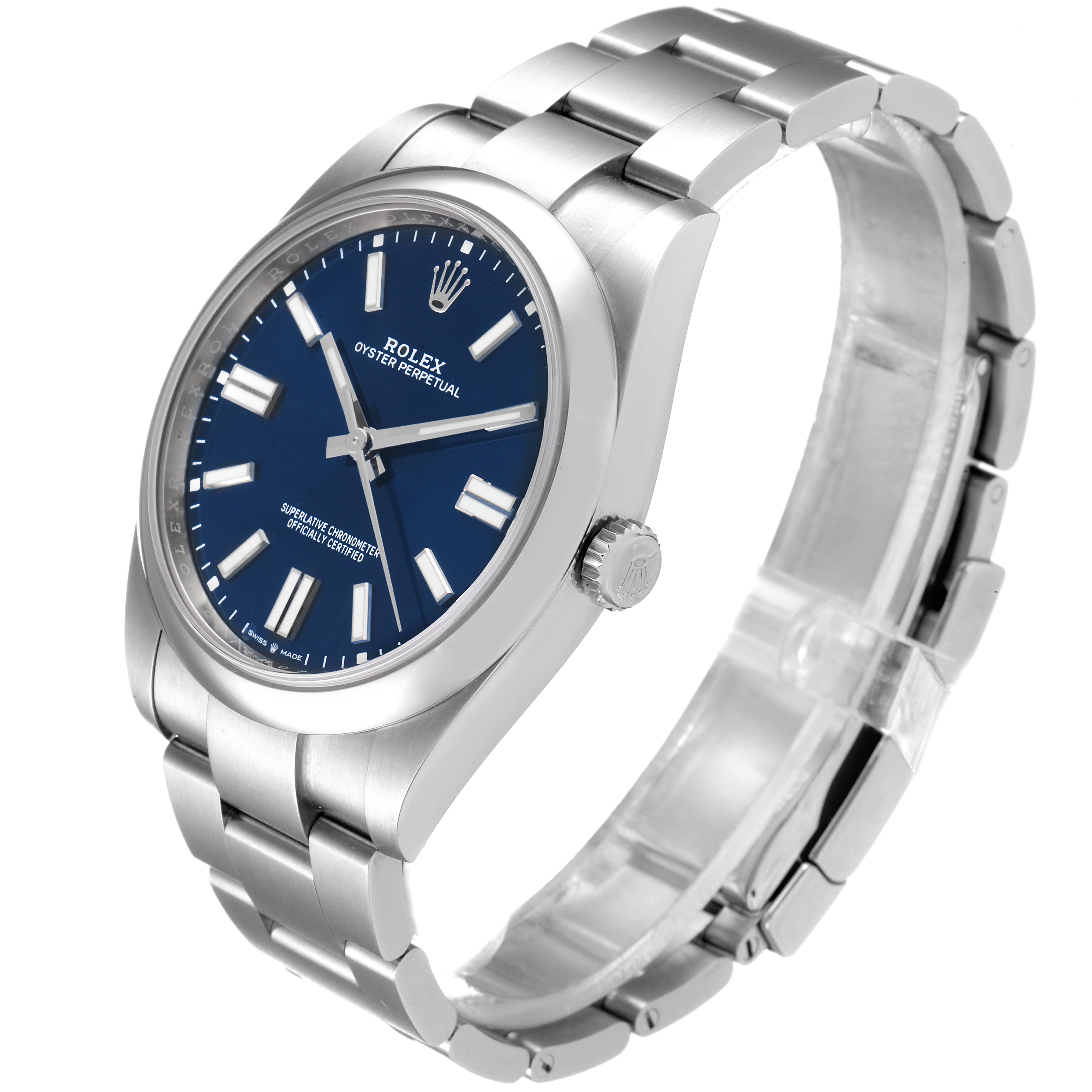 The Rolex Oyster Perpetual 114300 Men
s Stainless Steel Blue Dial 114300 Men
s Stainless Steel Blue Dial watch is shown at a 3/4 angle, highlighting its face, bracelet, and crown.