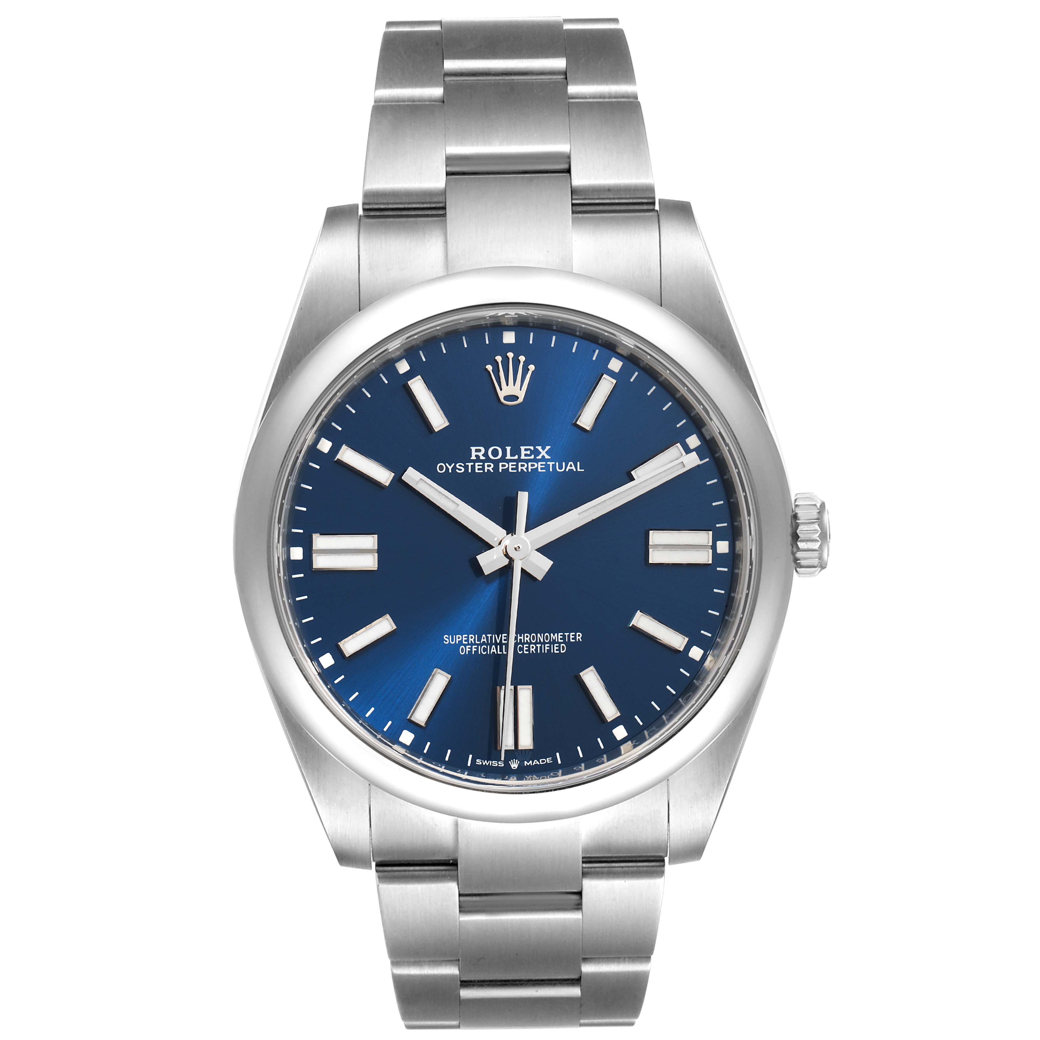 This image shows a front view of a Rolex Oyster Perpetual 114300 Men
s Stainless Steel Blue Dial 114300 Men
s Stainless Steel Blue Dial watch, highlighting the dial, hands, and bracelet.