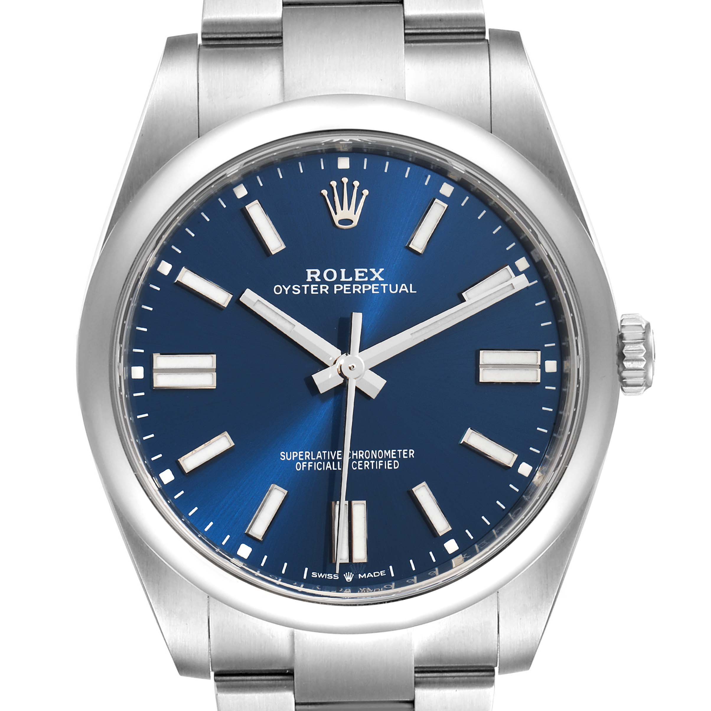 This image shows a front view of a Rolex Oyster Perpetual 114300 Men
s Stainless Steel Blue Dial 114300 Men
s Stainless Steel Blue Dial watch displaying its blue dial, hands, and bracelet.