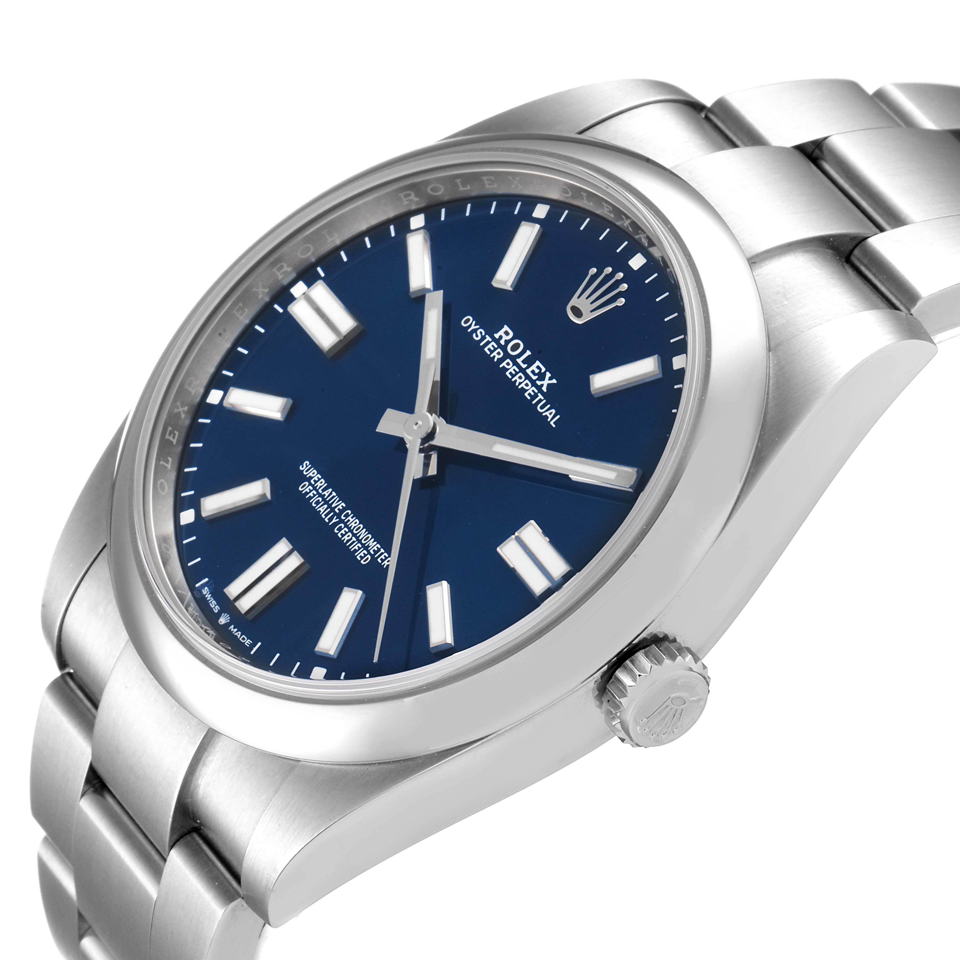 The image shows a Rolex Oyster Perpetual 114300 Men
s Stainless Steel Blue Dial 114300 Men
s Stainless Steel Blue Dial watch at a side angle, highlighting the blue dial, hour markers, hands, bezel, and bracelet.