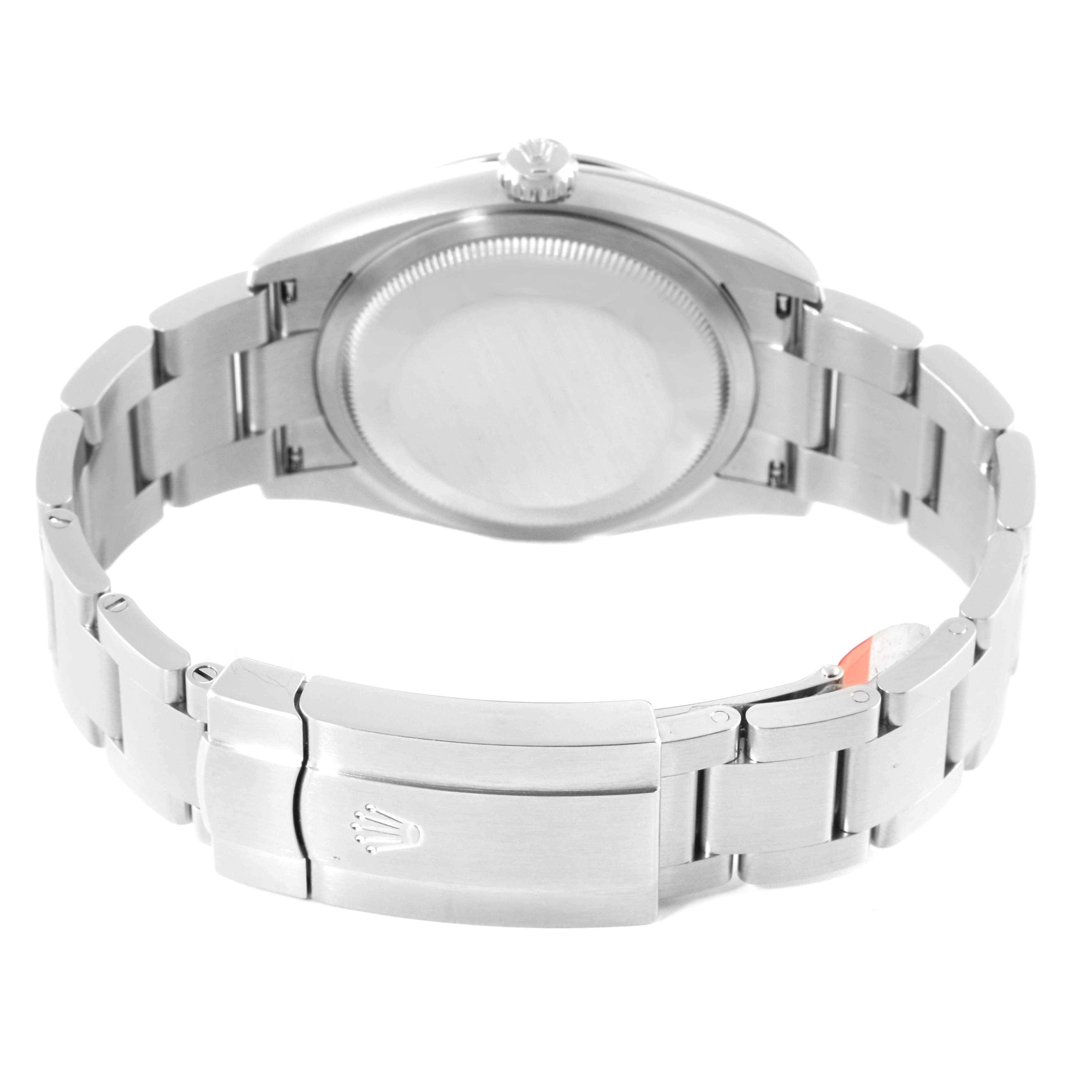 This image shows the back view of the Rolex Oyster Perpetual 126000 Men's Stainless Steel Black Dial 126000 Men's Stainless Steel Black Dial watch, including its case and bracelet clasp.