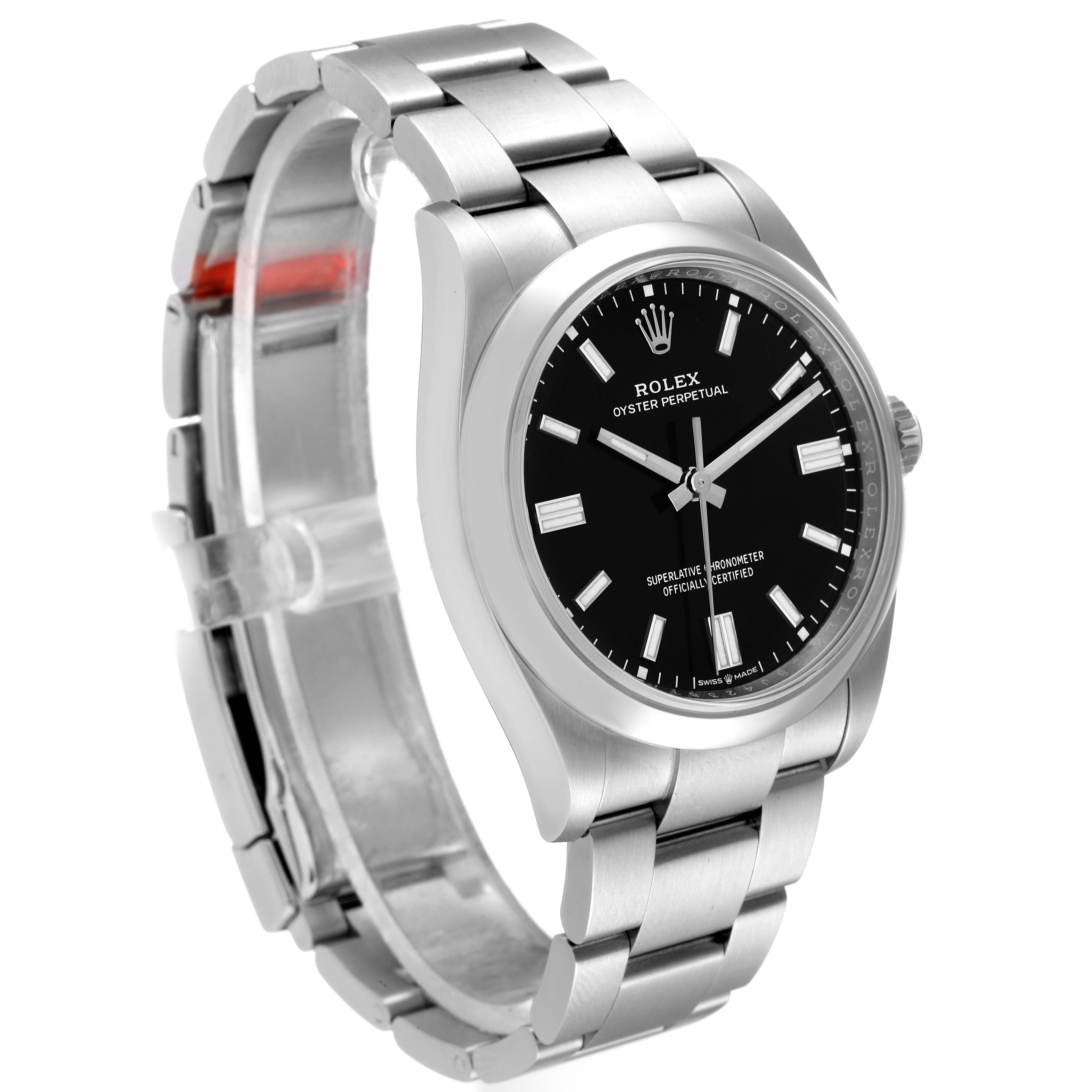 The image shows a Rolex Oyster Perpetual 126000 Men's Stainless Steel Black Dial 126000 Men's Stainless Steel Black Dial watch at an angled side view, displaying its bracelet, case, and black dial face.