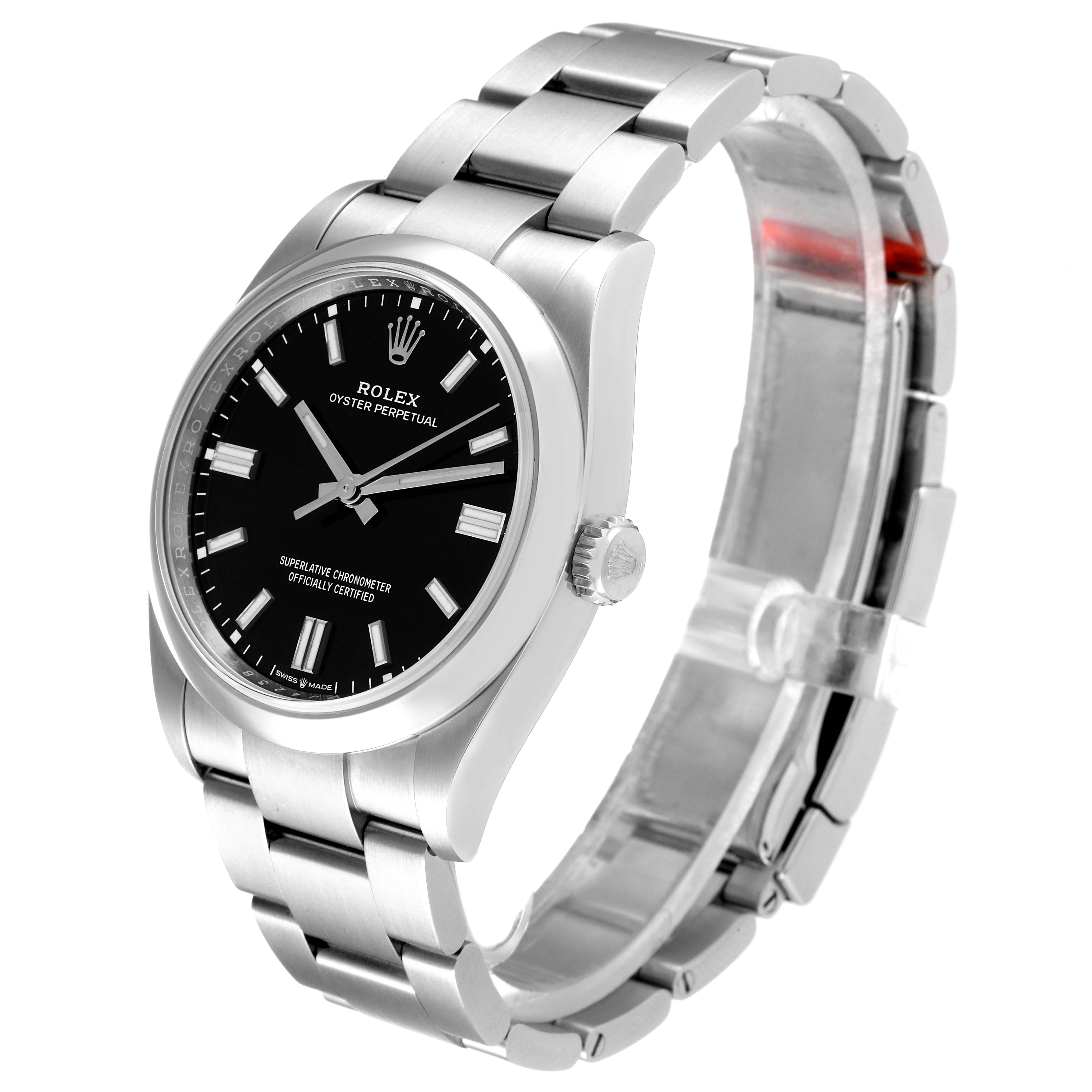 The image shows a side and top view of a Rolex Oyster Perpetual 126000 Men's Stainless Steel Black Dial 126000 Men's Stainless Steel Black Dial watch, highlighting its dial, case, crown, and bracelet.