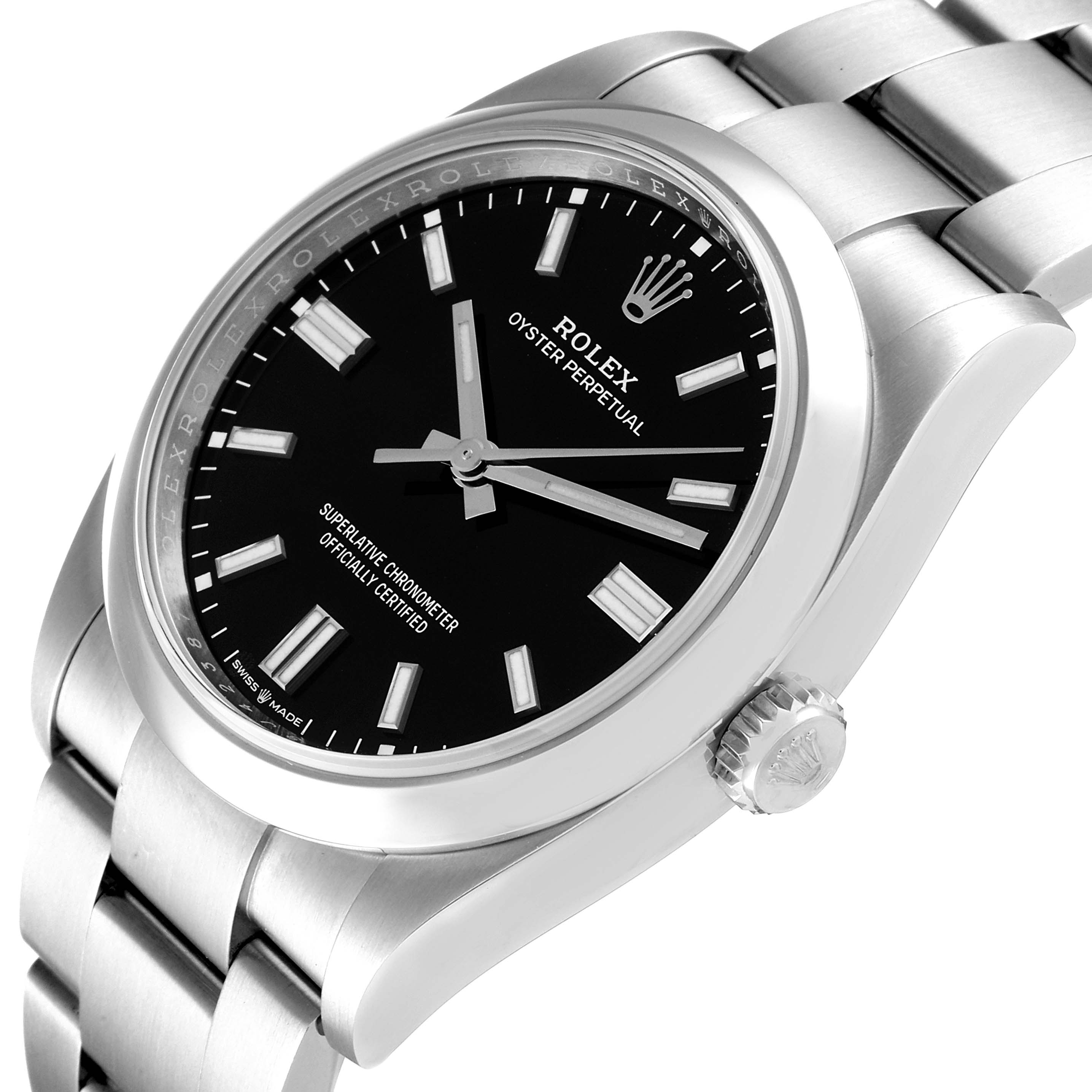 The Rolex Oyster Perpetual 126000 Men's Stainless Steel Black Dial 126000 Men's Stainless Steel Black Dial watch is shown from a side angle, highlighting the dial, bracelet, and crown.