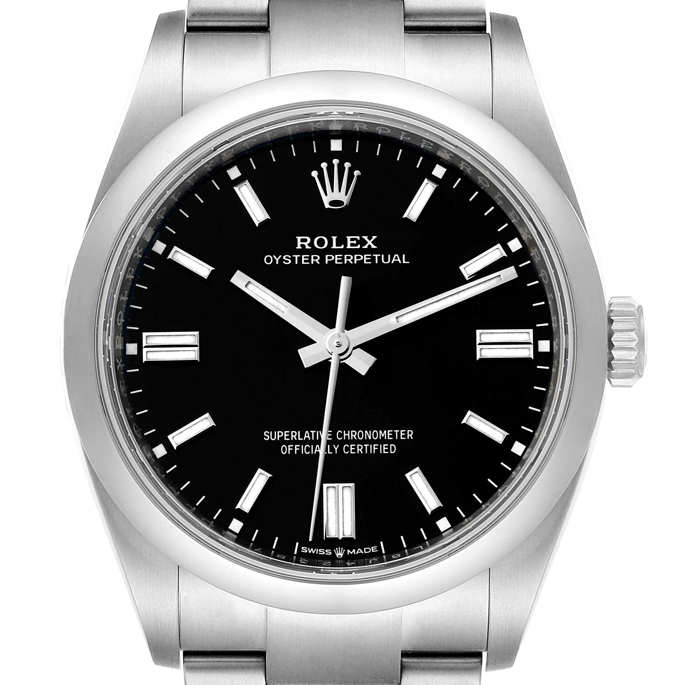 The image shows a front view of a Rolex Oyster Perpetual 126000 Men's Stainless Steel Black Dial 126000 Men's Stainless Steel Black Dial watch, highlighting its black dial, hour markers, hands, and part of the bracelet.